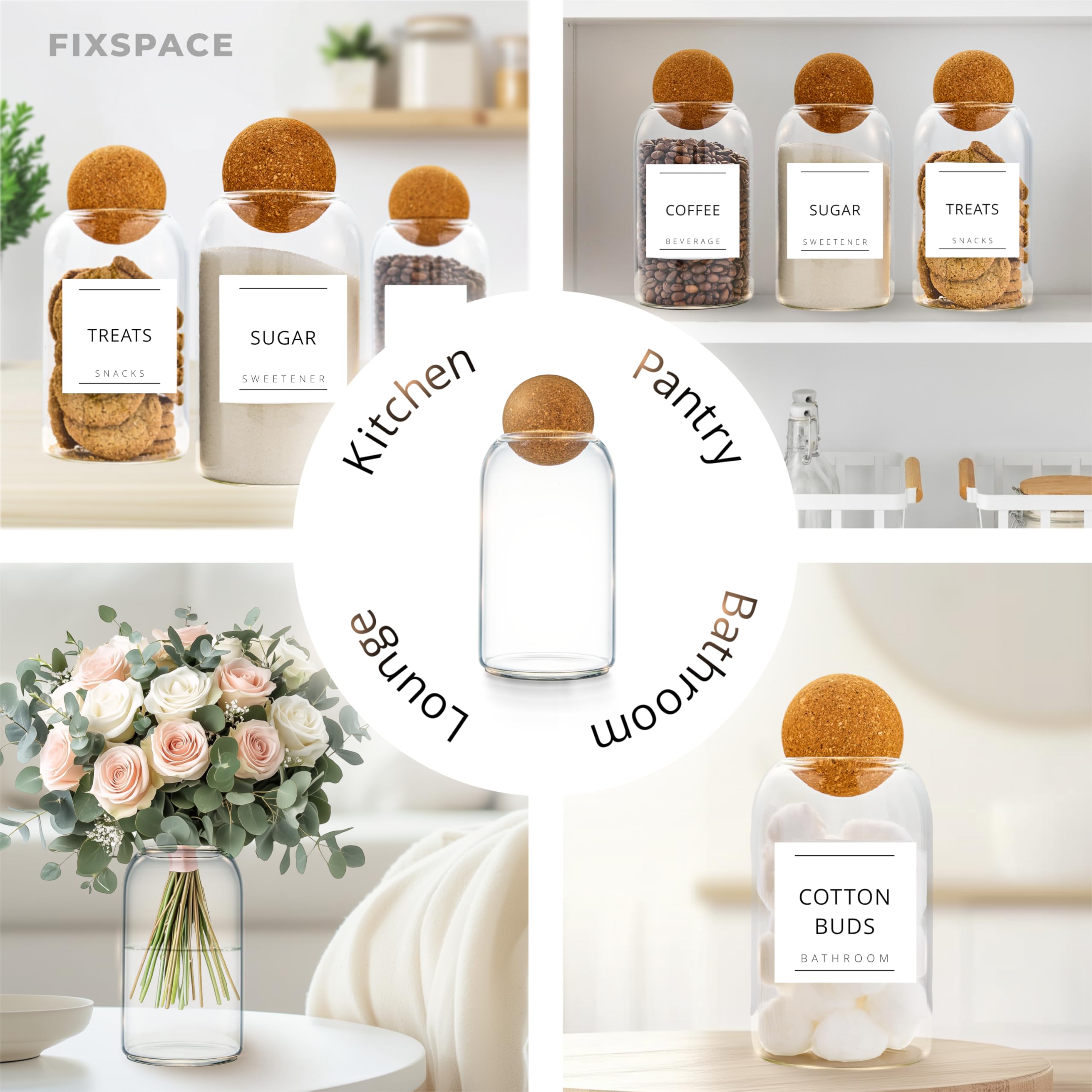 Fix Space Tee Kaffee Zucker Dosen - Set mit 3 einzigartigen Korkkugel-Glasdosen - Stilvolle Tee- und Kaffeedosen mit wasserdichten, abnehmbaren Etiketten - Ideal für die Organisation der Küche (750ML)