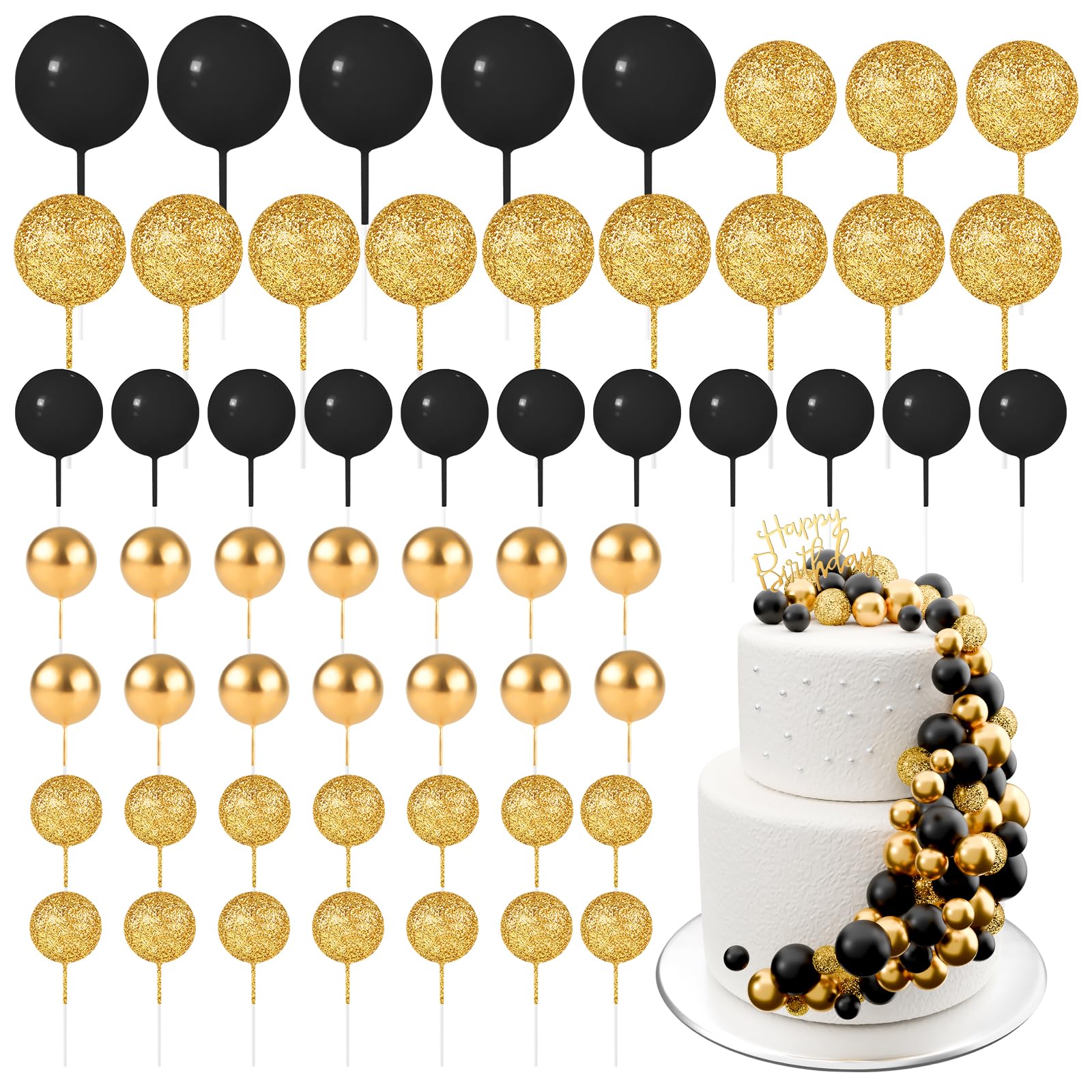 Photo 1 of BOUBONI 60Pcs Glitter Cake Balls Decorations Foam Cake Topper Balls Mini Balloon Cupcake Toppers for Cake Decorating Birthday Baby Shower Party (Glitter Black Gold)