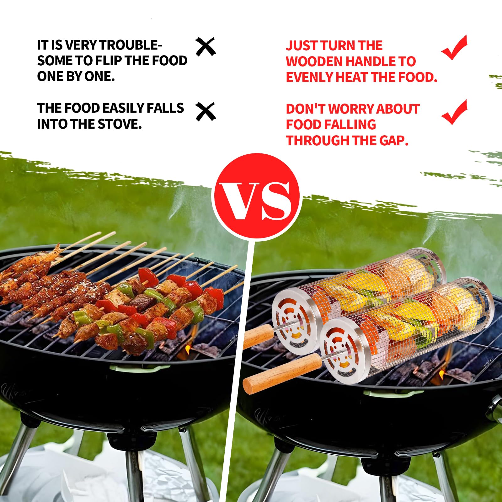 2 cestas de parrilla rodantes con mango de madera,Accesorios resistentes de acero inoxidable para asar verduras/camarones/carne,Herramientas de barbacoa para hombres para acampar al aire libre