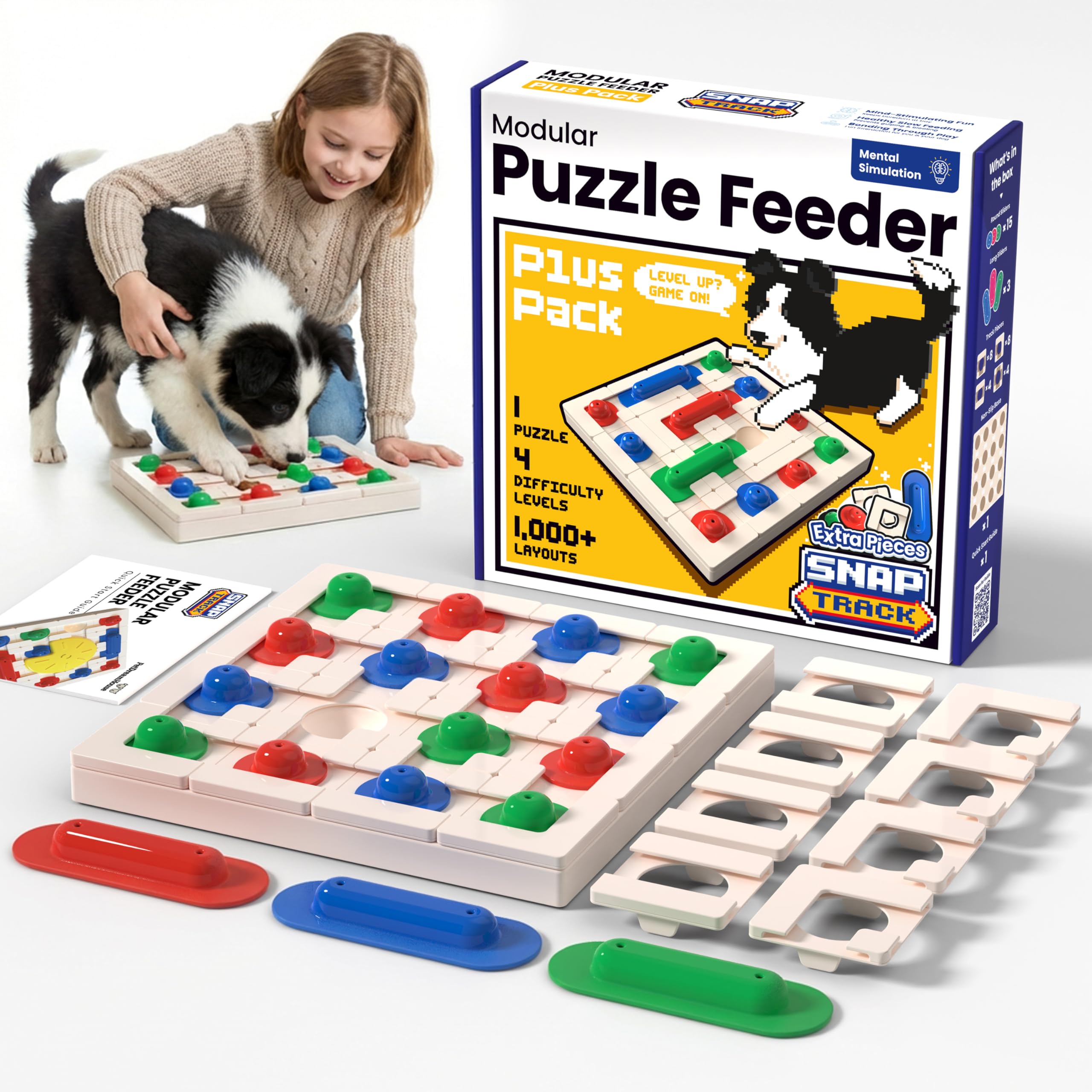 PetDreamHouse SnapTrack Dog Puzzle Feeder - Plus Pack - Interactive Treat Dispensing - Modular Slow Feeder for Mental Stimulation includes 1,000+ Layouts from Level 1 to 4 - Dishwasher Safe