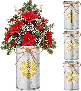 Domensi 3 Pcs Christmas Table Centerpiece Snowflake Vases Decor Galvanized Metal Vases for Flowers Rustic Farmhouse Golden Mason Jars Utensil Holder for Xmas Winter Kitchen Office Home Decorations