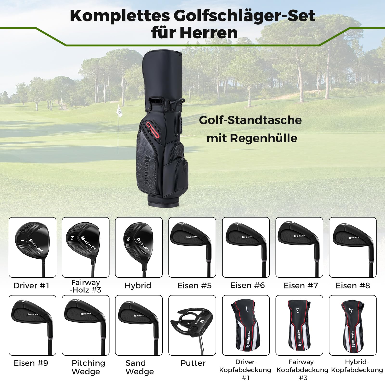 COSTWAY 11 teiliges Golfschläger Set Herren, Golf Set für Rechtshänder mit Golftasche, Golfschlägersätze inkl. 1 Driver, 3 Fairway, 4 Hybrid, 6-SW Eisen,3 Kopfhauben, Putter & Regenhaube