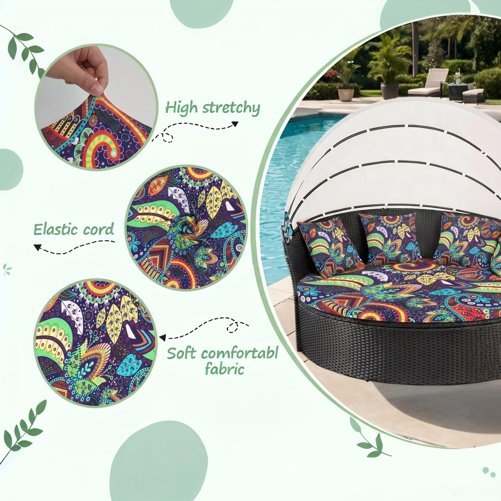 LiveGo Housse de coussin de rechange pour lit de jour d'extérieur de 167,6 cm avec bande élastique, housse de coussin de lit rond d'extérieur (fleur D, 2 housses demi-rondes + 3 housses de coussin)