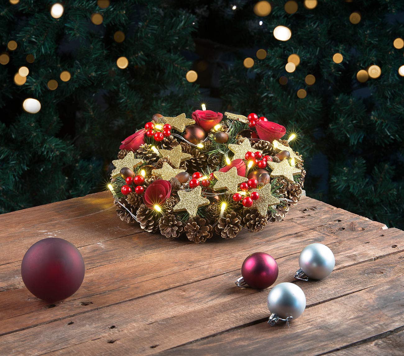 2 couronnes de Noël sans Fil avec 20 LED - 28 cm
