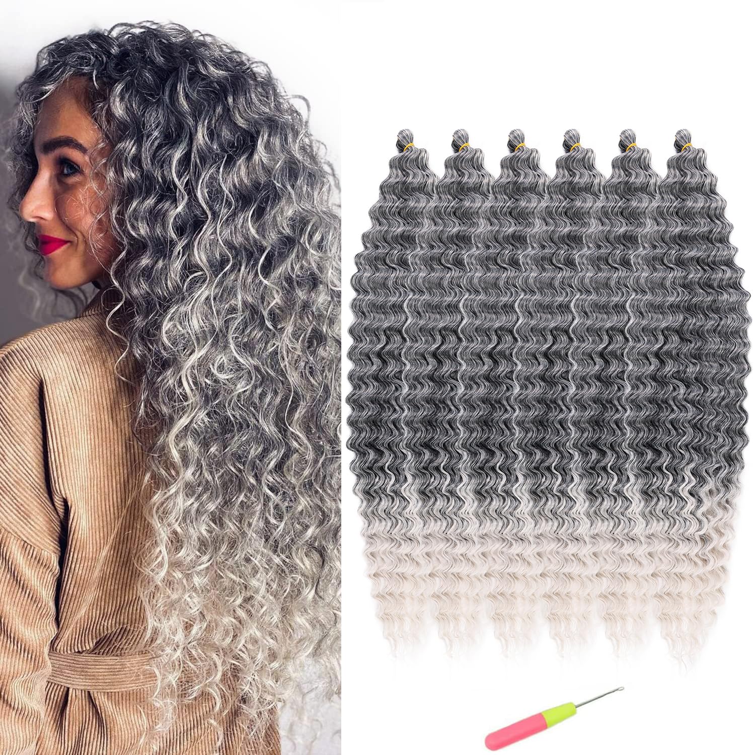 Curly Ombre Crochet Hair Ocean Wave Crochet 30in 6Packs Synthetic Loose Braiding Hair for Women #1BT/Grey