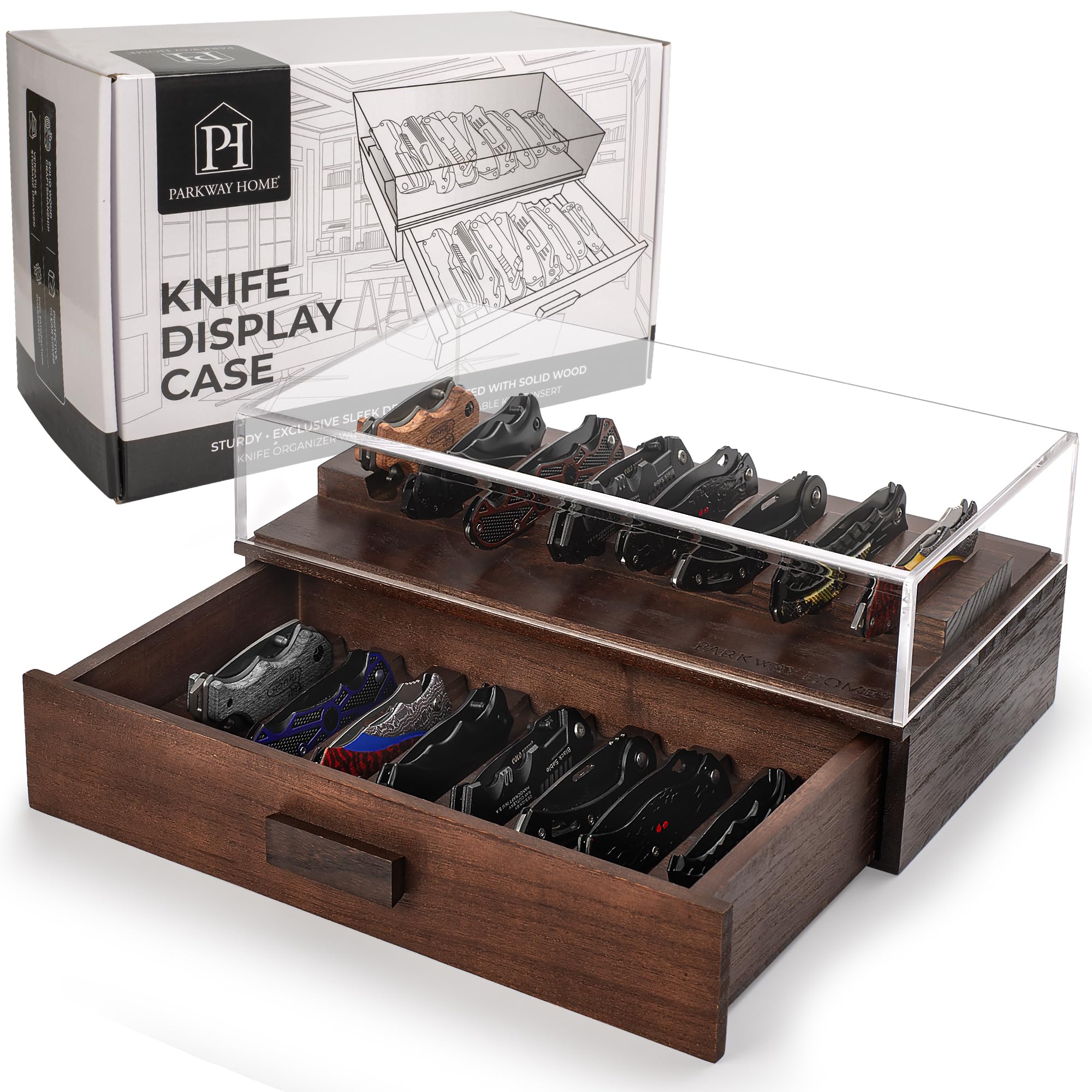 Pocket Knife Display Case for 16 Knives - Wooden Knife Collection Case Clear Cover - Two-Tier Knife Cases for Collections with a Removable Drawer Insert for Other EDC Items, EDC Case - Brown