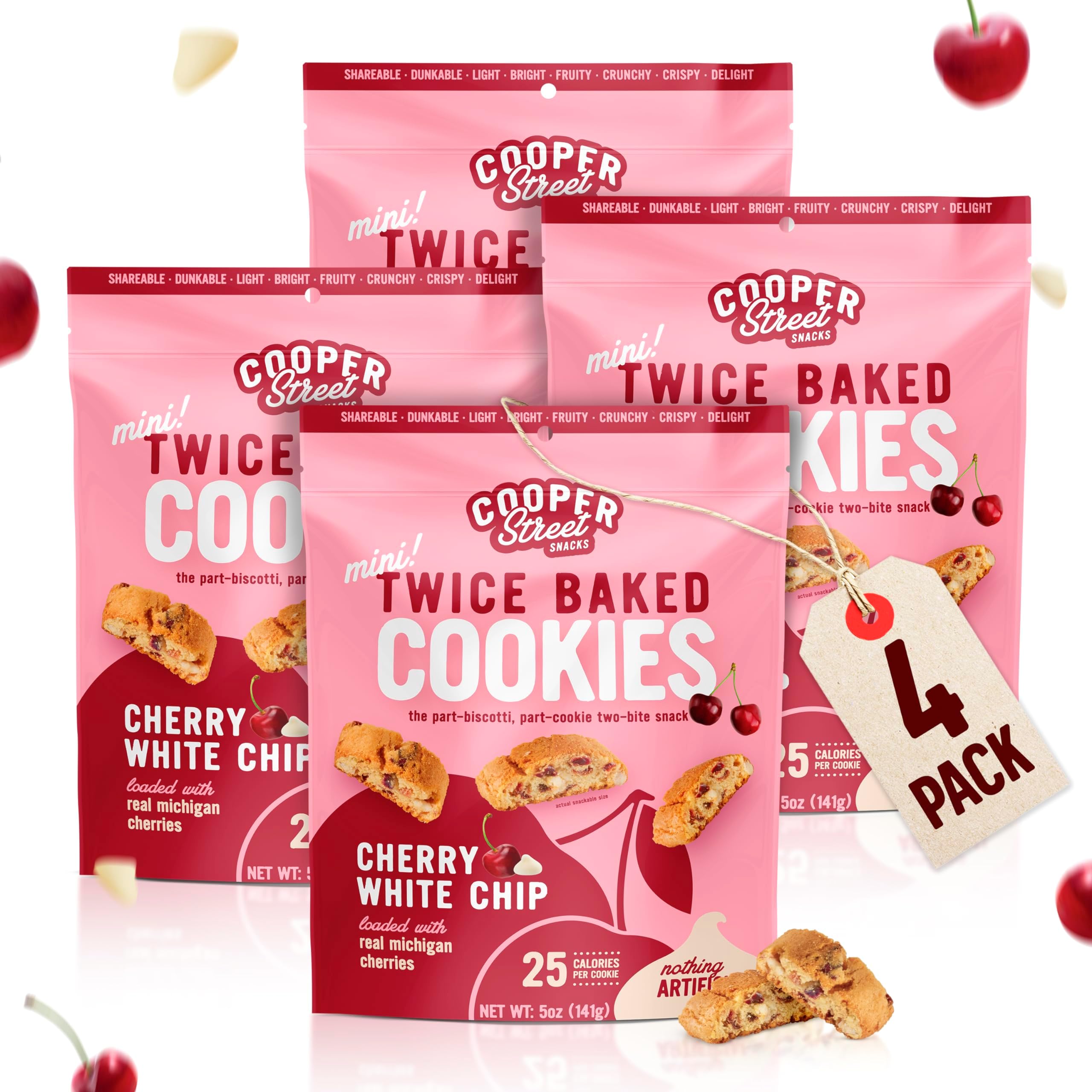 Cooper Street Italian Biscotti Cookies - Twice Baked Biscotti Style Cookie Biscuits in Delicious Cherry White Chunk Flavor | Crispy, Light and Healthy Cookies | Peanut & Dairy Free | 5oz | 4 Pack