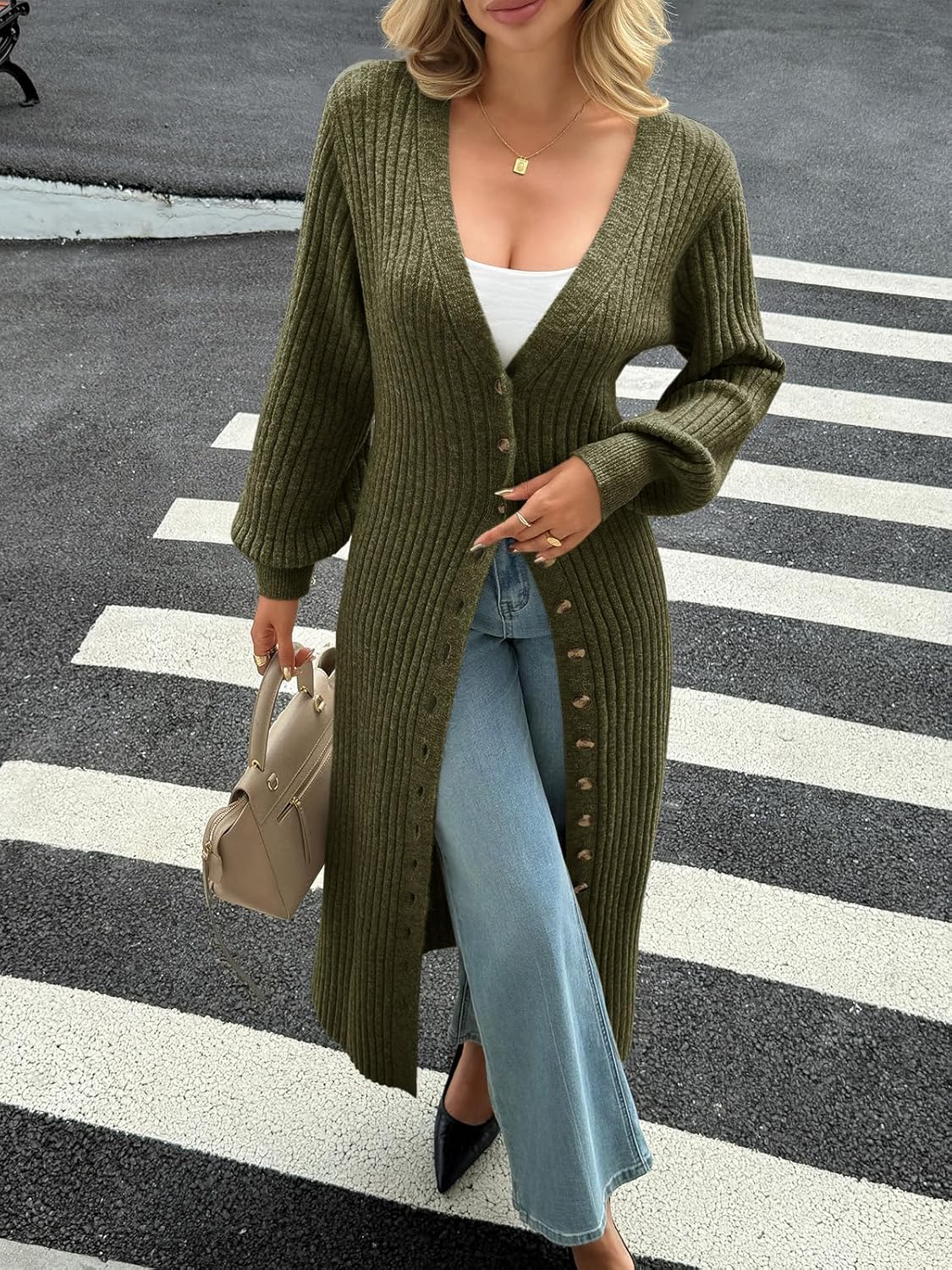 Saodimallsu Womens Long Cardigans V Neck Button Down Chunky Knit Dusters Sweater Coat Fall Trendy Maxi Sweater Dress - Image 3