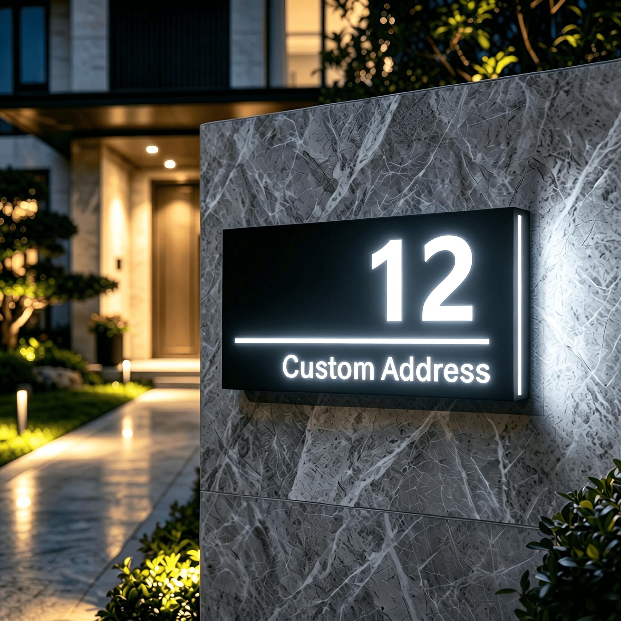 Personalised Solar House Number Sign, Dual Charging LED Address Plaque with Auto Dusk to Dawn Sensor, Custom Acrylic Door Number for Outside, Wall Mounted UK House Signs (Black Silvery, Rectangle)