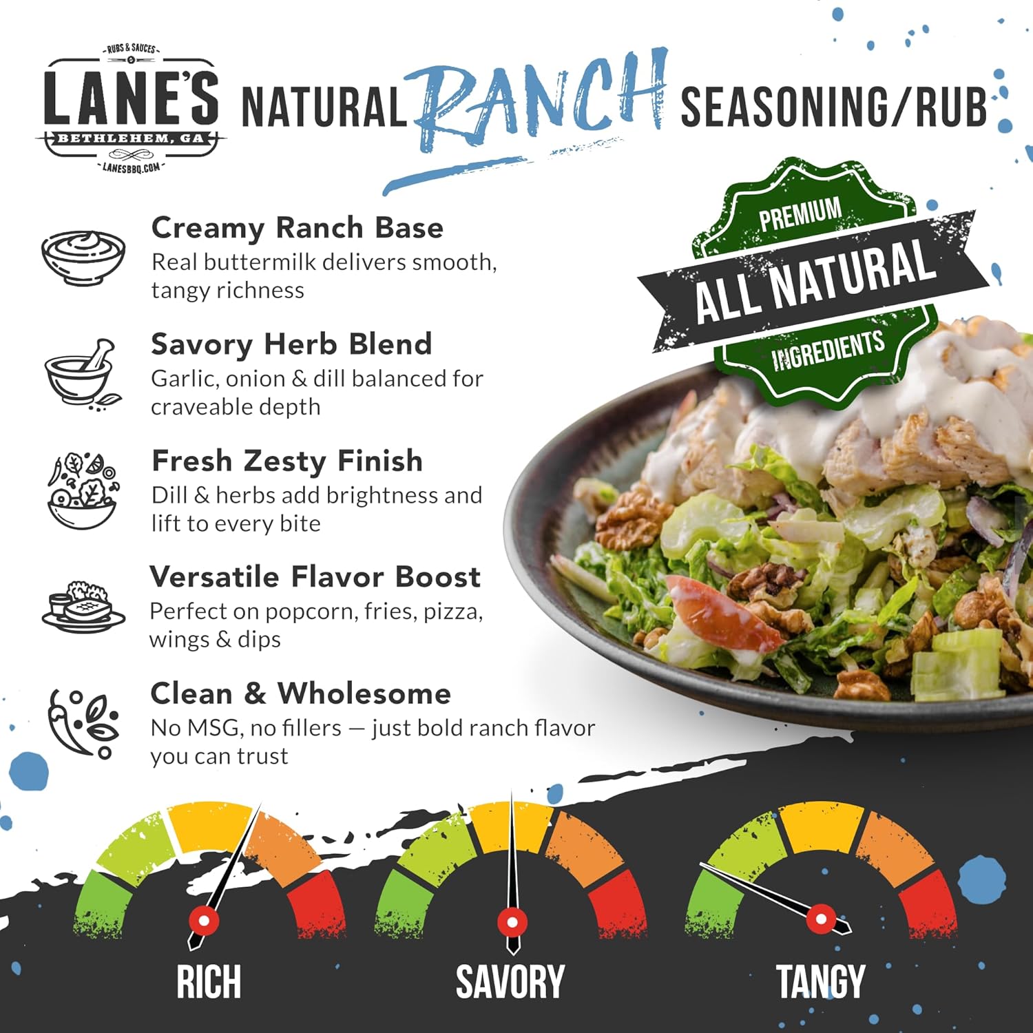 Lane's Ranch Seasoning Powder, 4.27 oz - Versatile Ranch Powder for Wings, Veggies, Popcorn, Dips, Dressing & Pizza - Bold Buttermilk Herb Flavor, Gluten-Free, All-Natural, Low Sodium Seasoning - Image 3