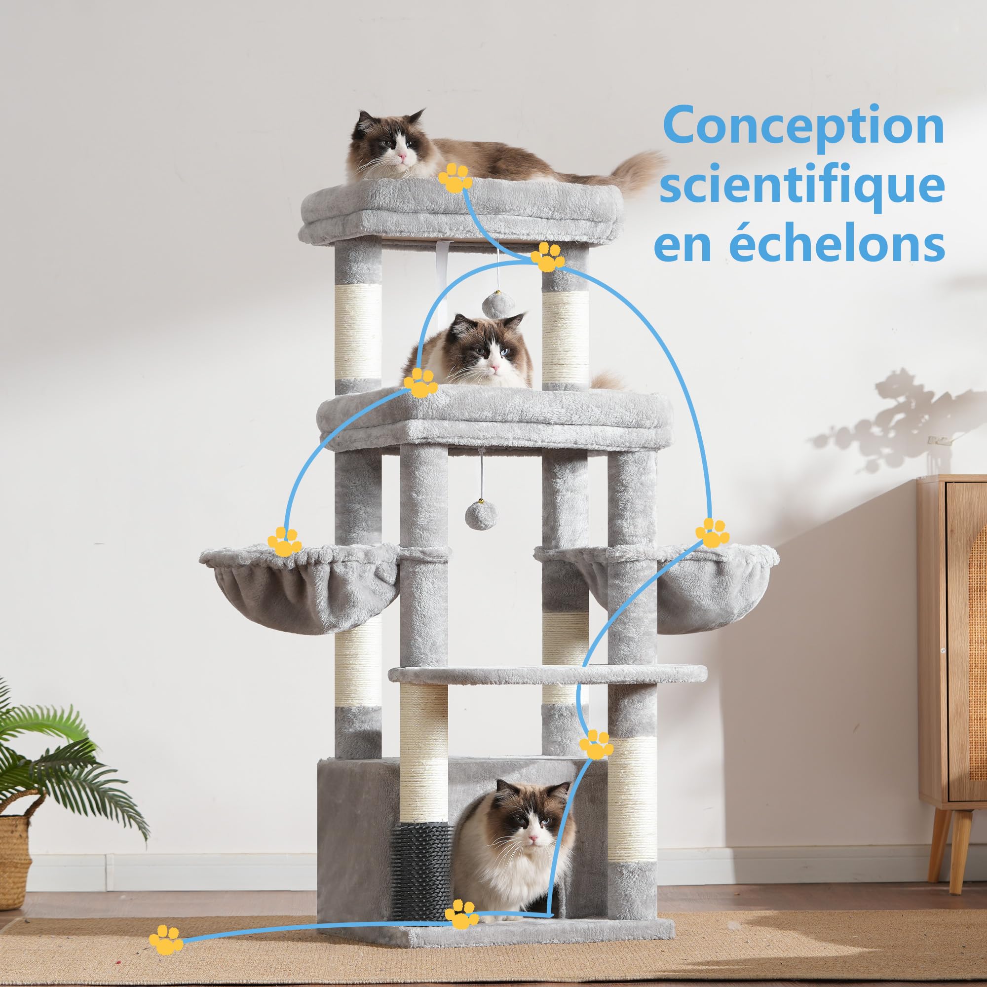 Hey-brother Arbre à Chat, Tour de Jeux pour Chats spécifique pour Les Chats Grands et Les Maine Coon, avec 2 Grandes Plateformes, 2 hamacs, Un Grand Niche Un Peigne à toilettage, Gris Clair MPJ070W