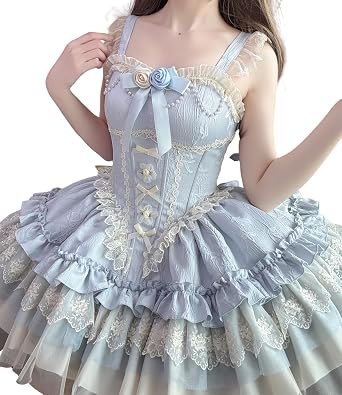 Sweet Lolita Princess Dress Ruffled Tea Party Costume with Lace Trim and Bow