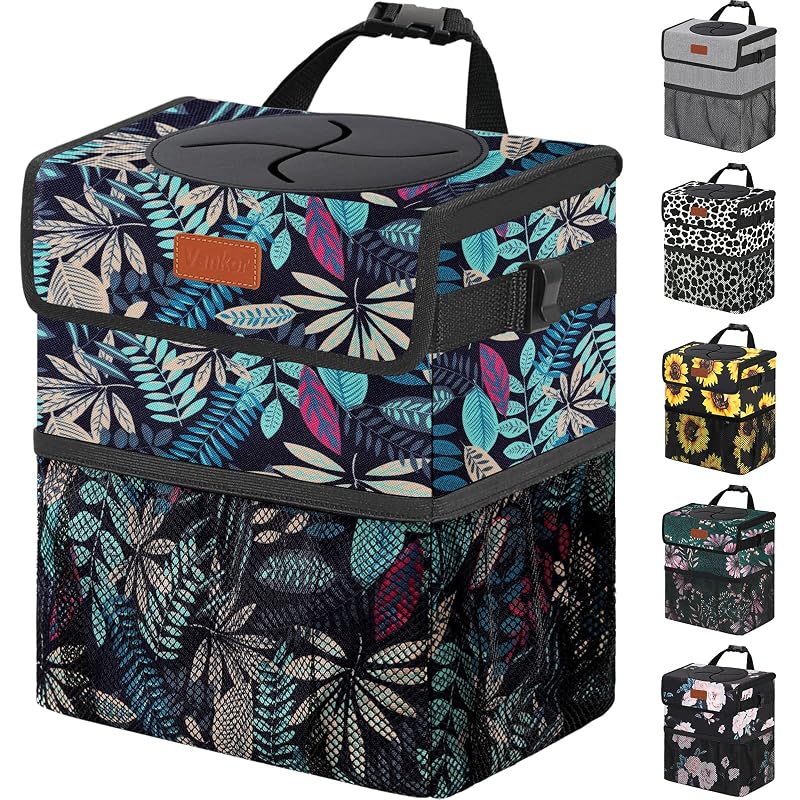 Lixeira Automotiva Vankor com Tampa, Forro PEVA e Bolsos Laterais, 2,2 galões (8,3 L), Colorful Leaves