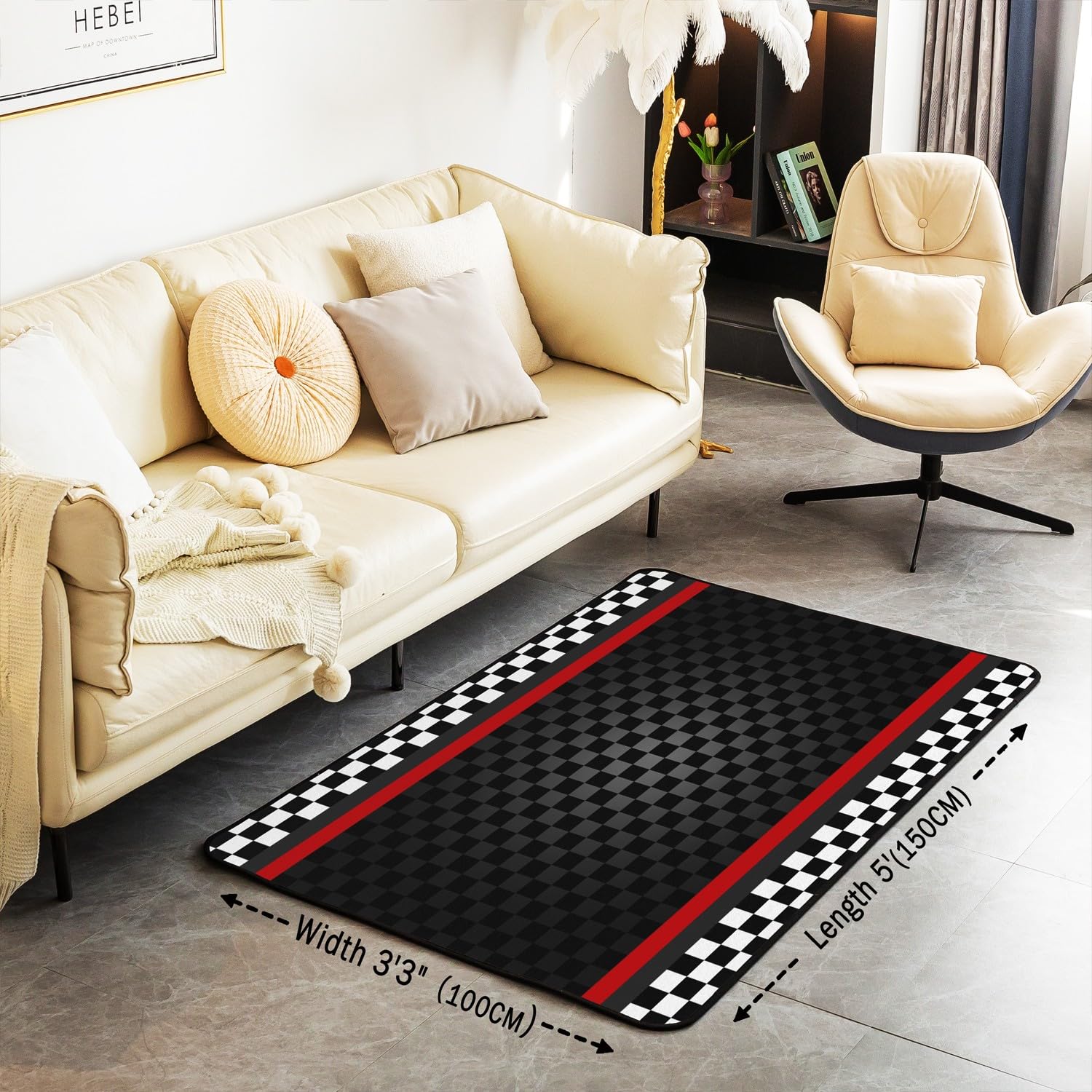 Racing Car Track Area Teppich 100x150,Schwarze Wabengeometrie rutschfeste Teppich, Schwarze weiße Flagge Plaid Dekor Teppich für Wohnzimmer Schlafzimmer