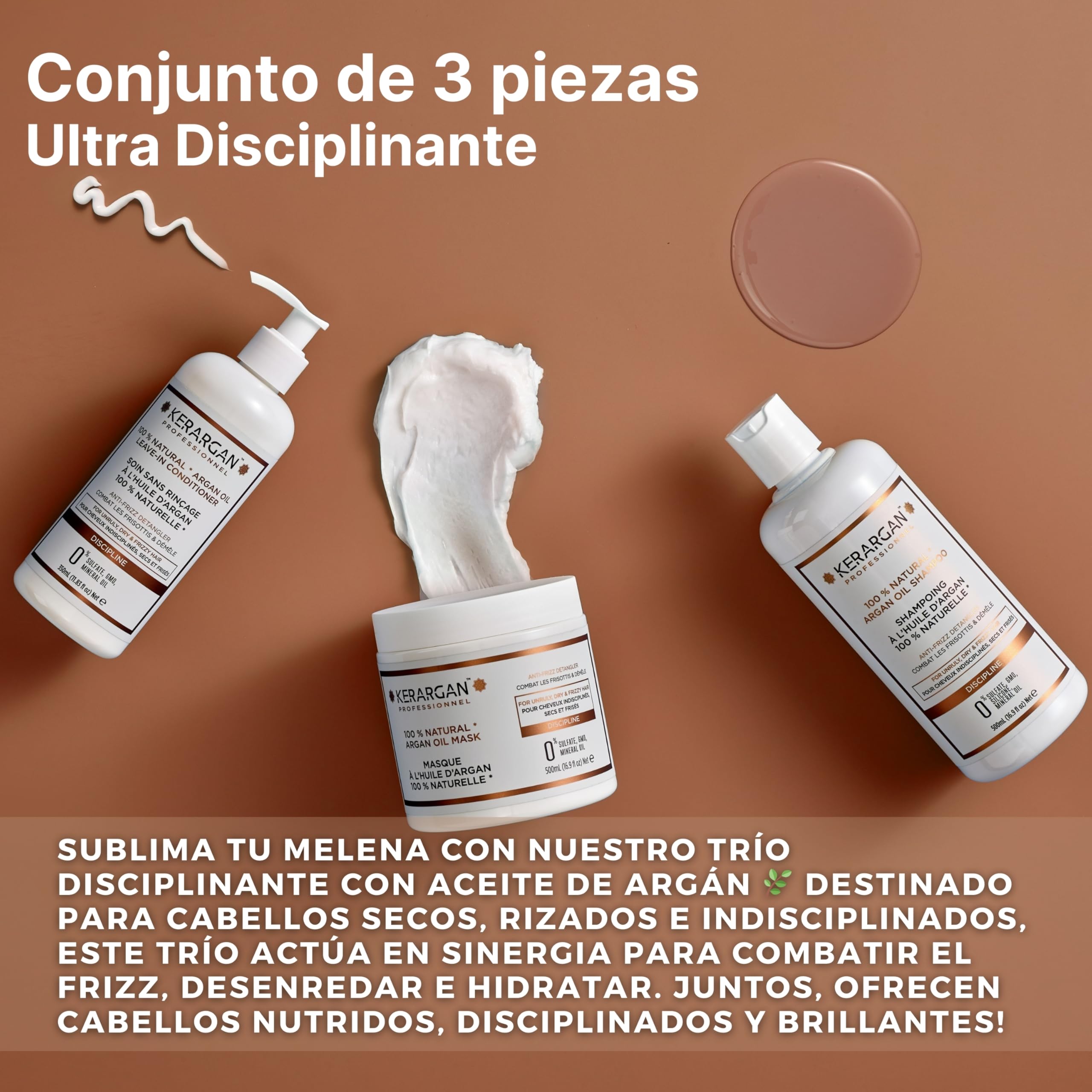 Kerargan - Trío Disciplinante Champú, Mascarilla & Leave In con Aceite de Argán para Cabellos Indisciplinados, Secos y Rizados - Combate el Frizz & Desenreda - Sin Sulfatos, GMO,Silicona-2x500ml+350ml | Champú, mascarilla y acondicionador sin aclarado, ru