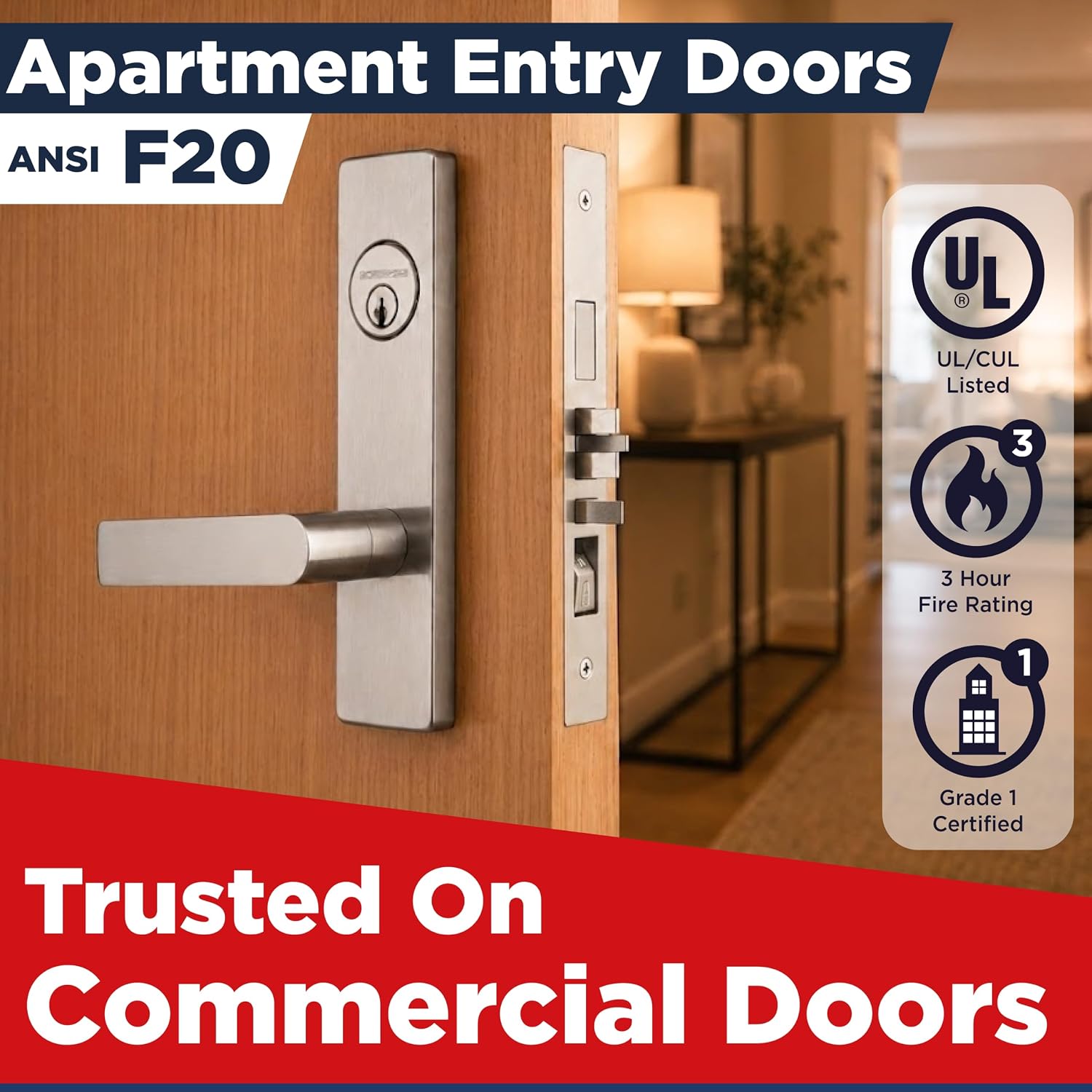 OAKMOORE Grade 1 Commercial Mortise Lock Set, F20 Apartment Corridor Function, Escutcheon Panel Trim, Satin Stainless Steel, ANSI/BHMA A156.13, UL 3-Hour Fire Rated, Type C Keyway, Silver
