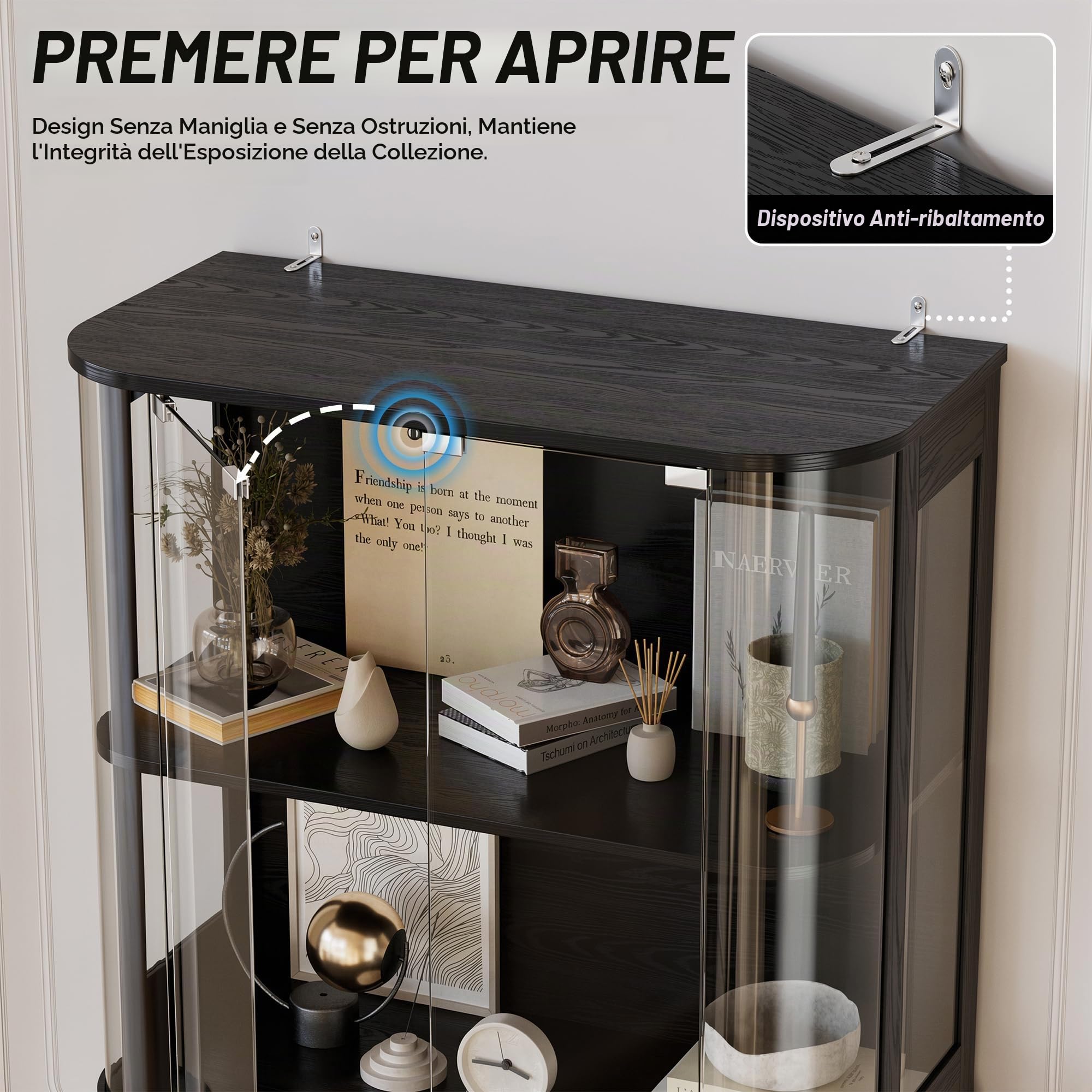 MSFE 170CM Vetrina in Vetro con LED, Vetrina Espositiva con Sensore Intelligente, Vetrinetta per Collezionismo, 4 Ripiani Vetrinetta Autoportante in vetro, Per Soggiorno,Ufficio,Cucina,Bar,Studio