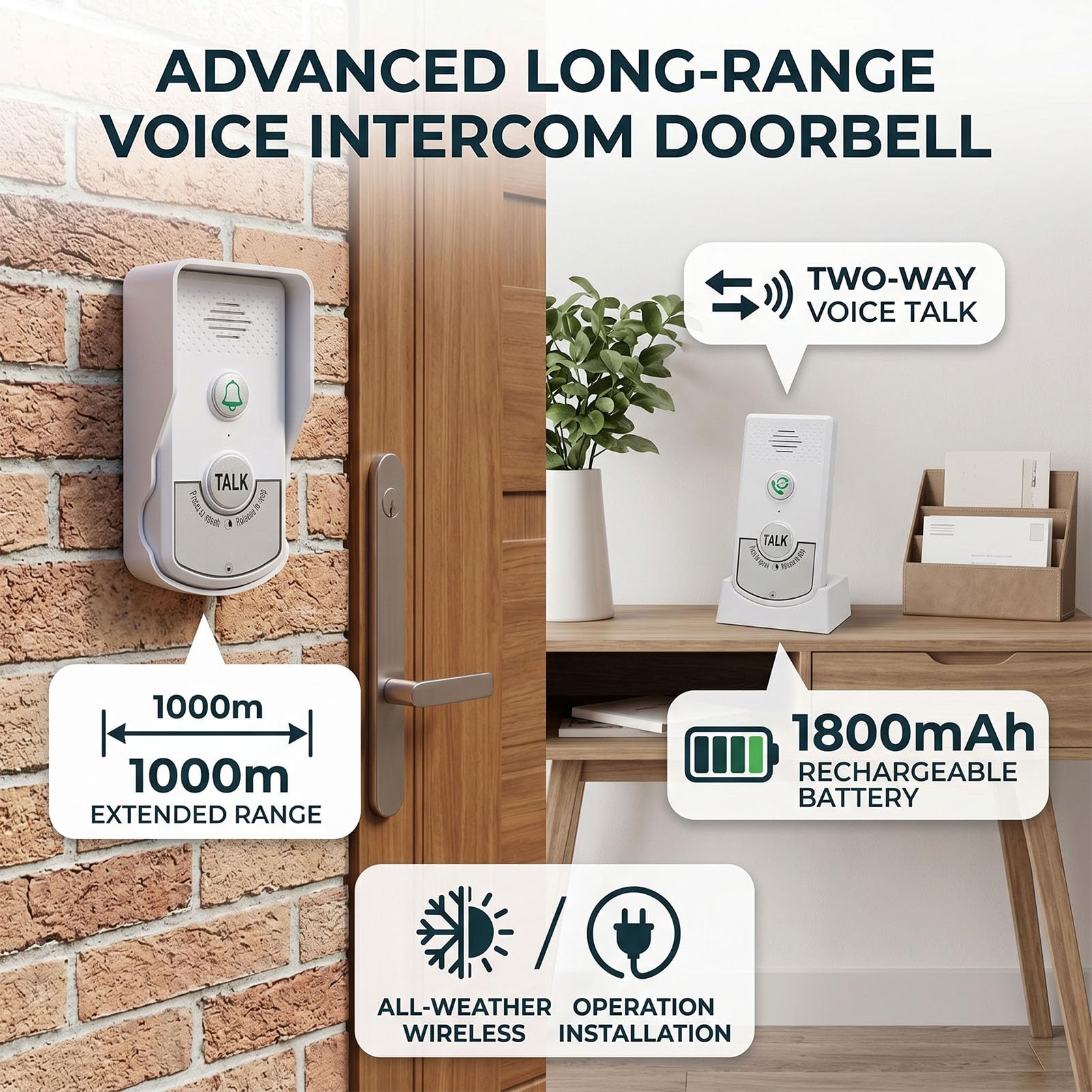 LICAEVEY Timbre Inalámbrico, Intercomunicador de Voz Bidireccional, No Requiere WiFi, Funciona con Batería Recargable de 1800 MAh Integrada, para Uso en el Hogar, Hospitales, Negocios y (White)
