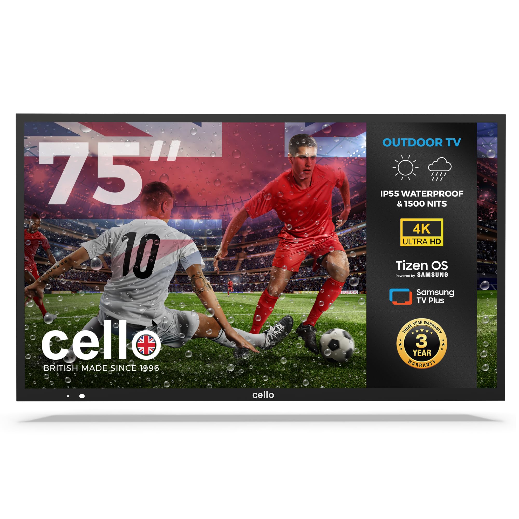 Cello COD75TZ 75-inch Tizen OS Outdoor Smart LED, 240V 4K TV, By Samsung, Pitch Perfect Speakers, Waterproof IP55, 1500 nits, Netflix, Prime Video, TV for Garden & Patio