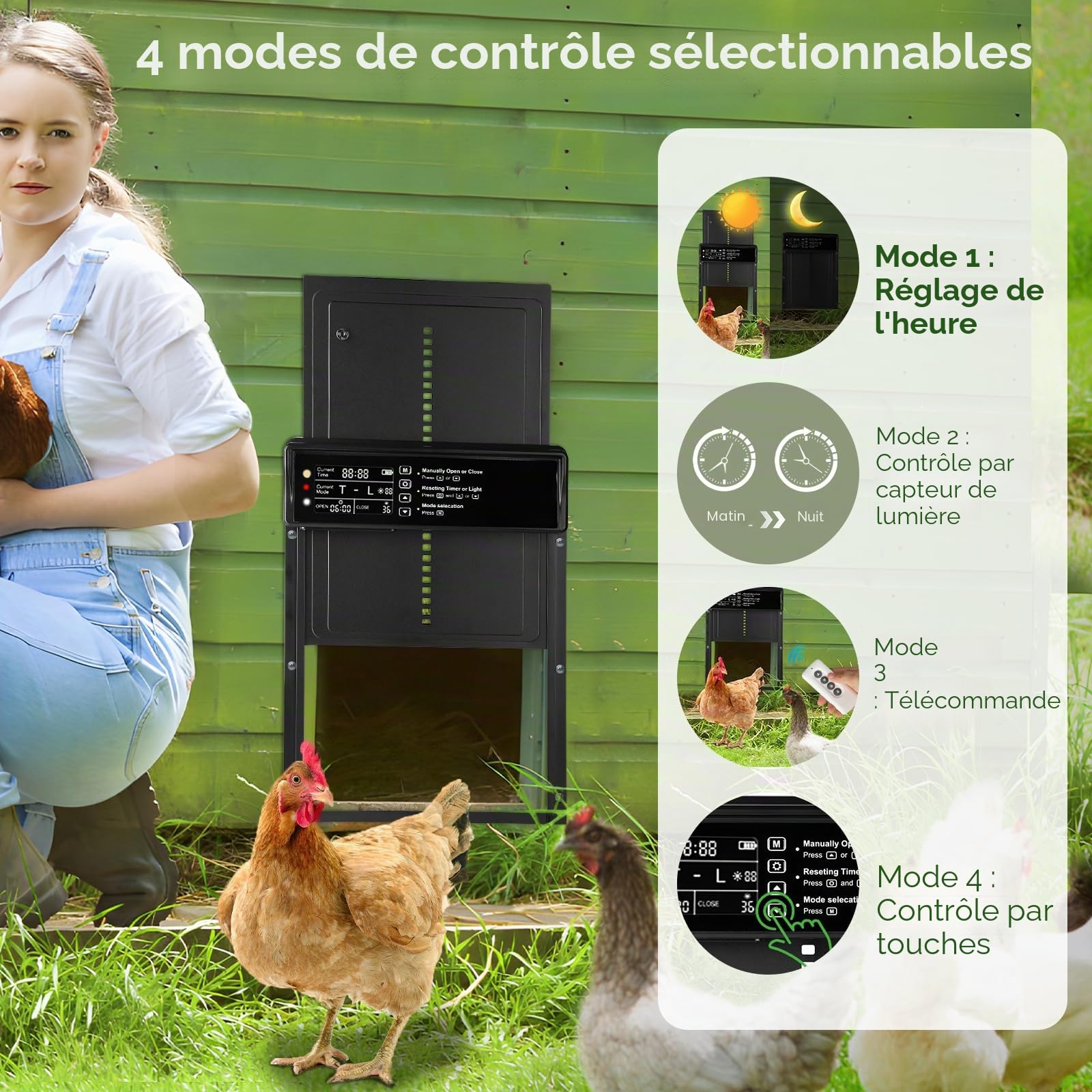 Towwoo Porte Automatique Poulailler Solaire, Aluminium Trappe Poulailler Automatique avec Écran LCD Programmable, Télécommande, Anti-Pincement Puerta Gallinero Automatica pour Ferme Noir