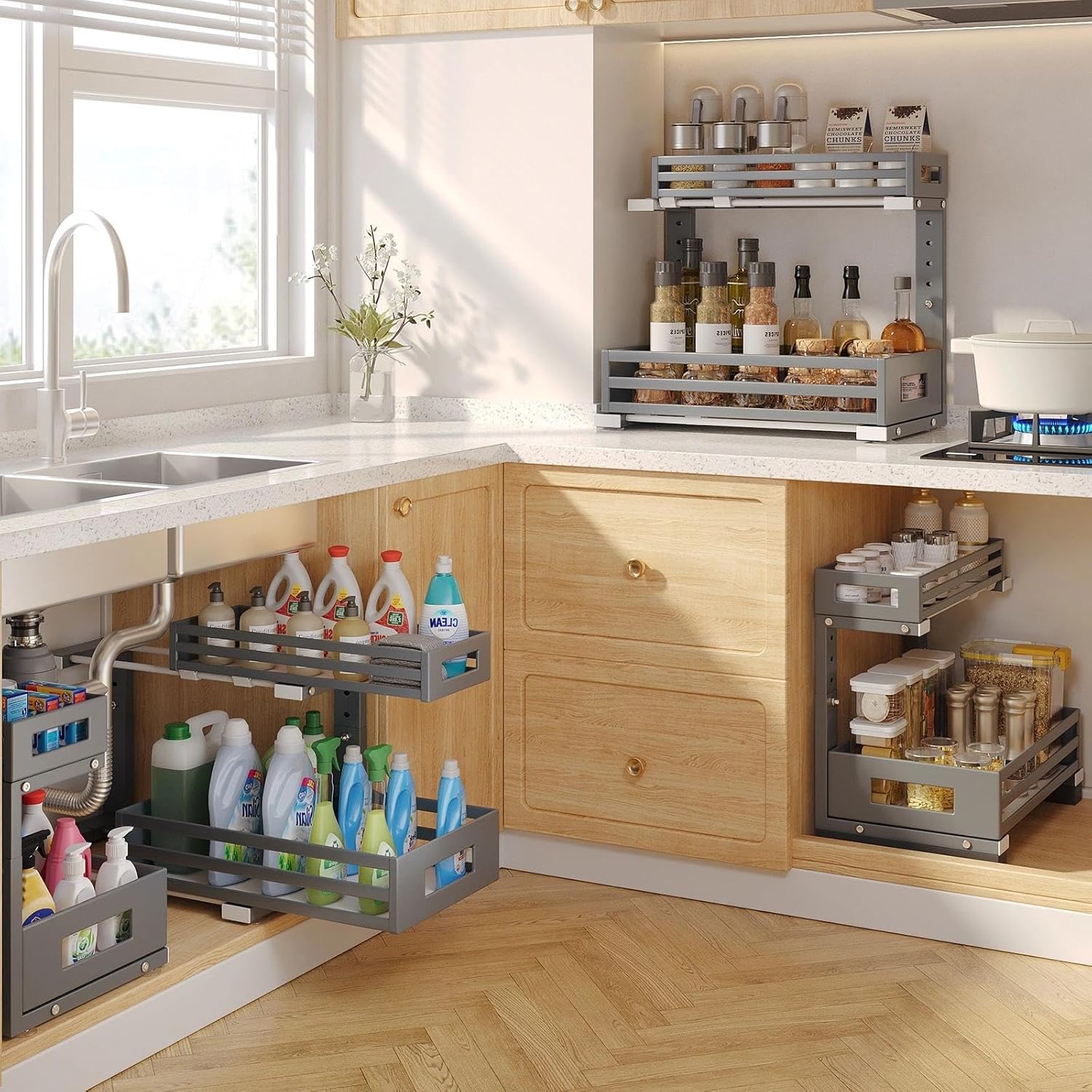 1 Pack 11.2"-16.14" H Under Sink Organizer And Storage With Upgrade Professional Slide Rails,Height Adjustable 2-Tier Pull Out Cabinet Storage For Bathroom Kitchen,Under Sink Shelf-Gun Gray