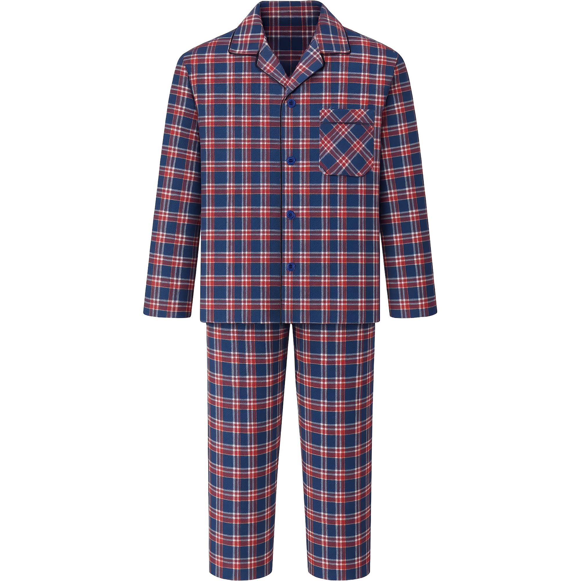 Mens Checked Pyjama Set Traditional Woven Sleeping Nightwear Top & Bottom Pyjamas Check Trousers & Shirt Set Pjs, Red/Navy, 5XL