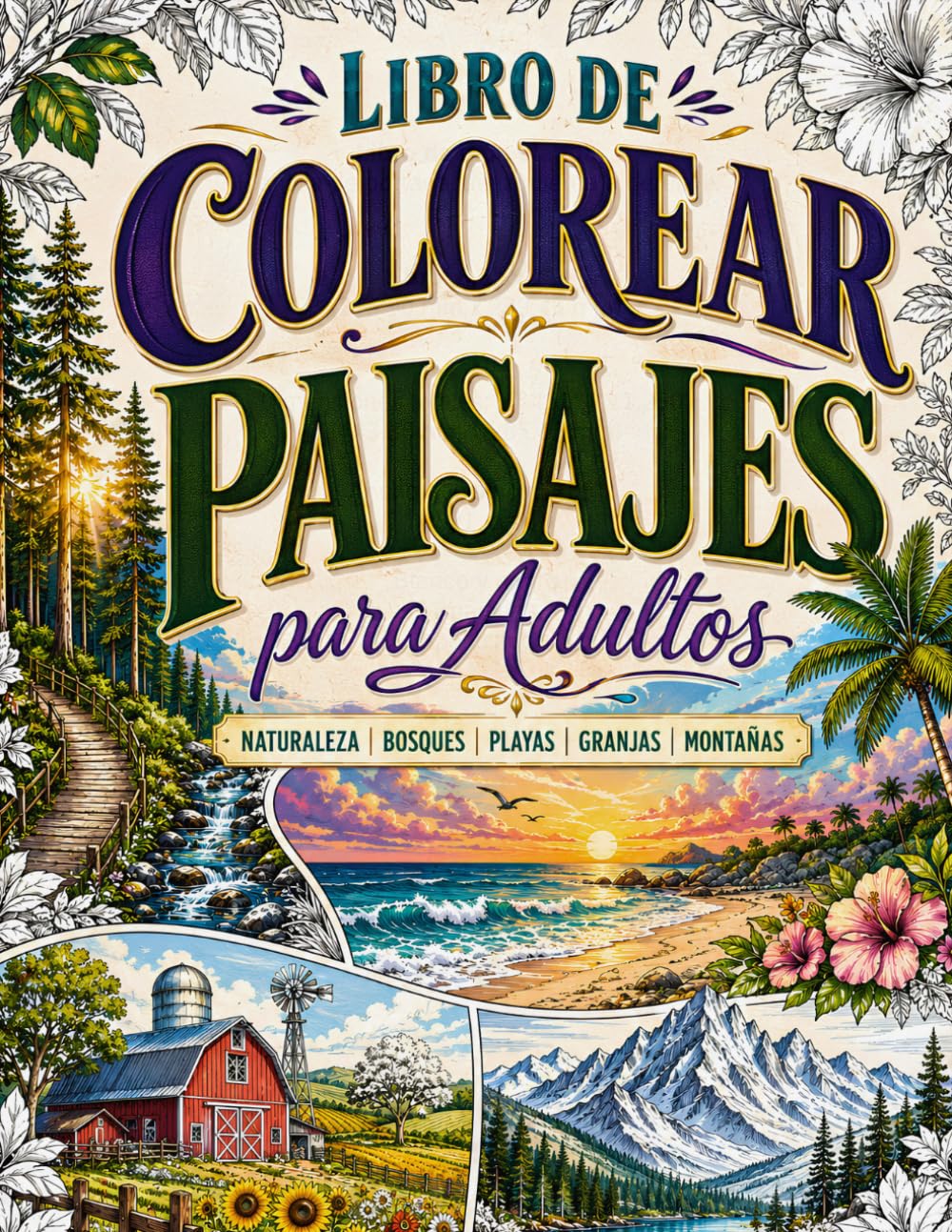 Libro de Colorear Paisajes Relajantes: Libro de Colorear Paisajes para Adultos, Libro para Pintar Paisajes | Naturaleza | Bosques | Playas | Granjas | Montañas
