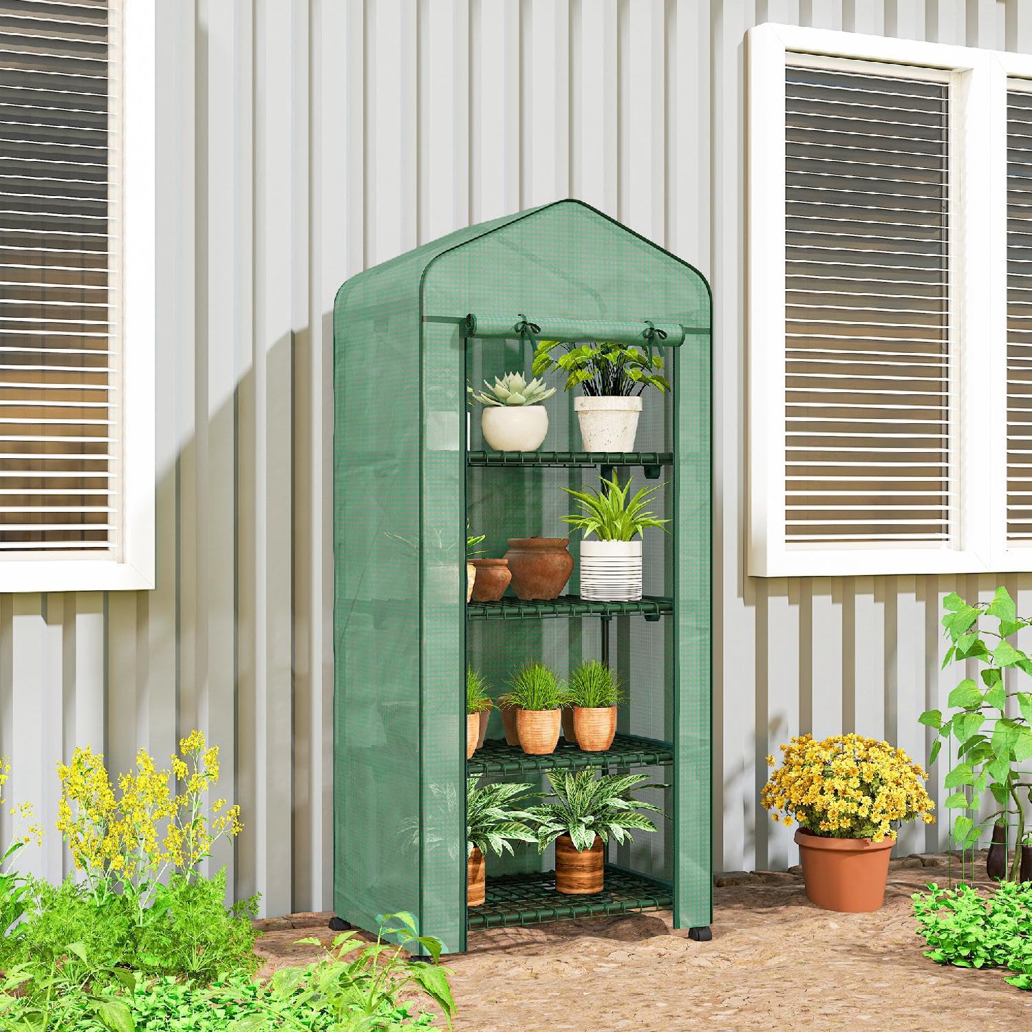 Mini Serra da Giardino a 4 Livelli con 4 Rotelle e Ingresso Avvolgibile in Acciaio e PE 69x50x165 cm colore Verde