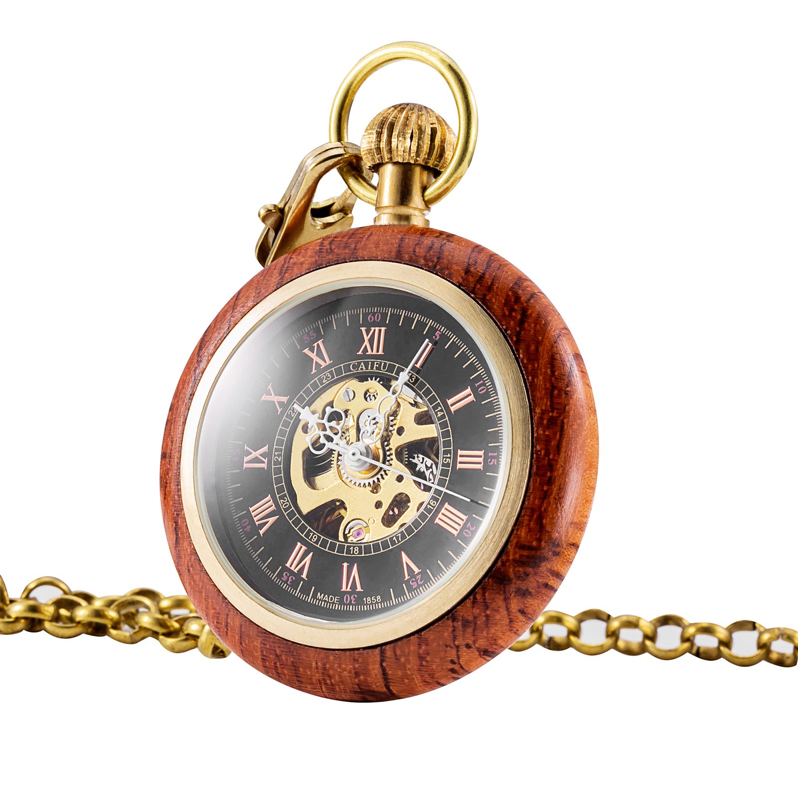 TREEWETO Montre de Poche mécanique en Bois à Chiffres Romains, Montre Gousset Ouverte pour Hommes et Femmes
