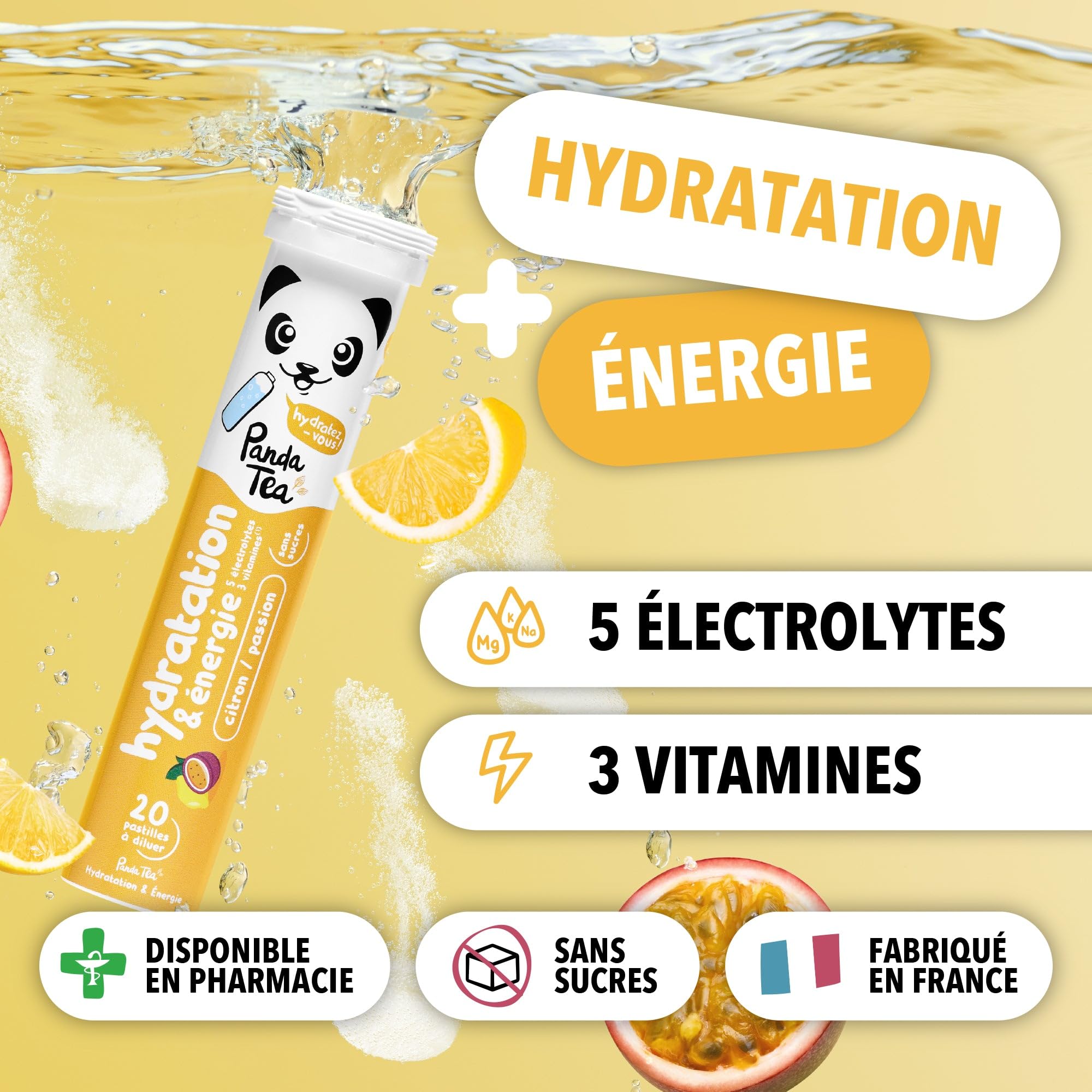 Panda Tea - Hydratation & Énergie - Citron et Passion- 60 Pastilles sans sucre - Electrolyte Ultra Hydratation - Idéale pour le Sport et le Quotidien