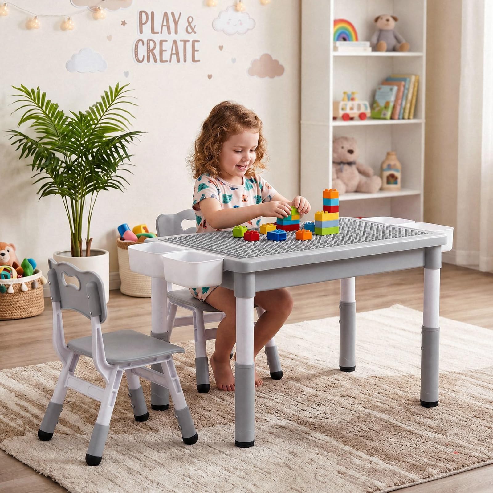 MAMIZO Kindertisch mit 2 Stühlen, kindertisch stauraum & Wendeplatte,Grau | Tisch Stuhl höhenverstellbar & 88 x 63cm Graffiti-Tischplatte & Baustein Tisch Stuhl Set ,Aktivitätstisch Kinderzimmer Schule