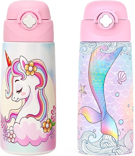 Miniatura 12 de Botella de agua aislada para niñas con popote desplegable cubierto, vasos para niños de 16 onzas con acero inoxidable a prueba de fugas para la B11.