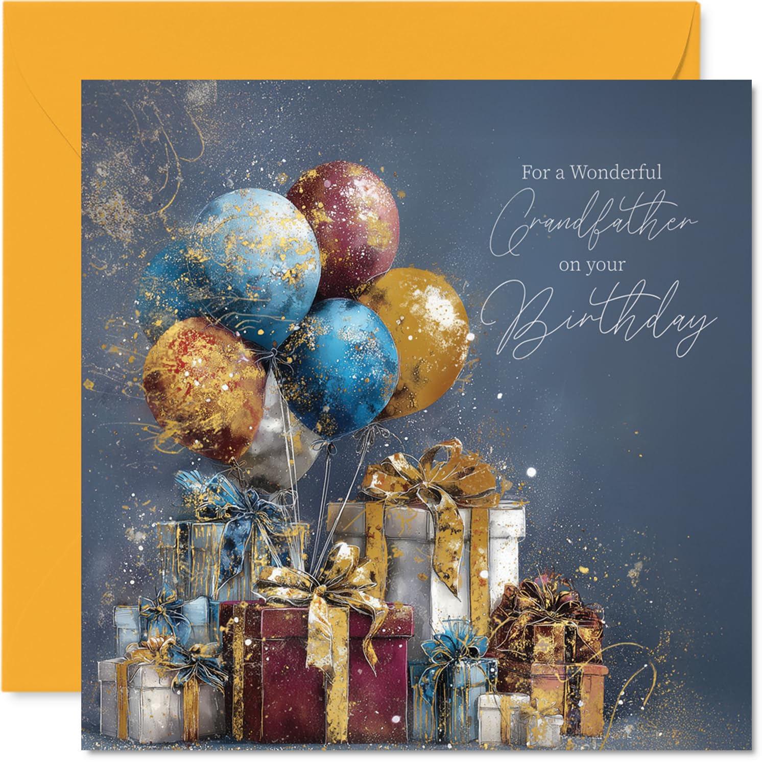Gold Grandfather Birthday Card - Gold Balloons & Presents - Happy Birthday Card for Grandfather from Grandson Granddaughter, 145mm Golden Balloons & Presents Bday Greeting Cards