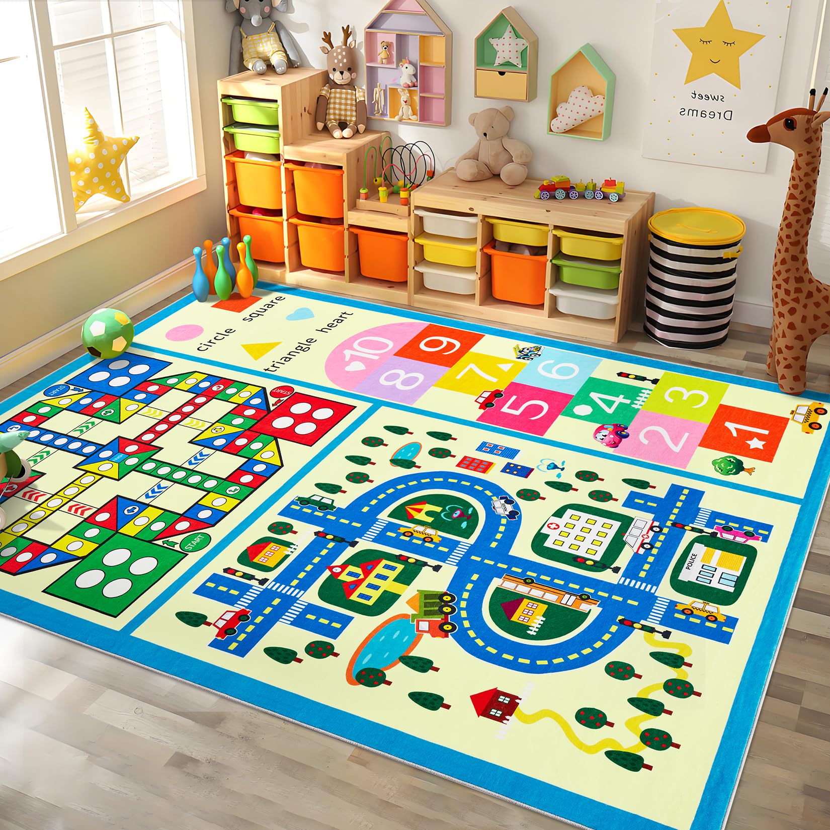 LUXLOOM Toddler Game Activity Play Mats 8x10 Large Kids Carpet with Non-Slip Backing, Easy Cleaning Kids Carpet Playmat Rug, Washable Educational Rug