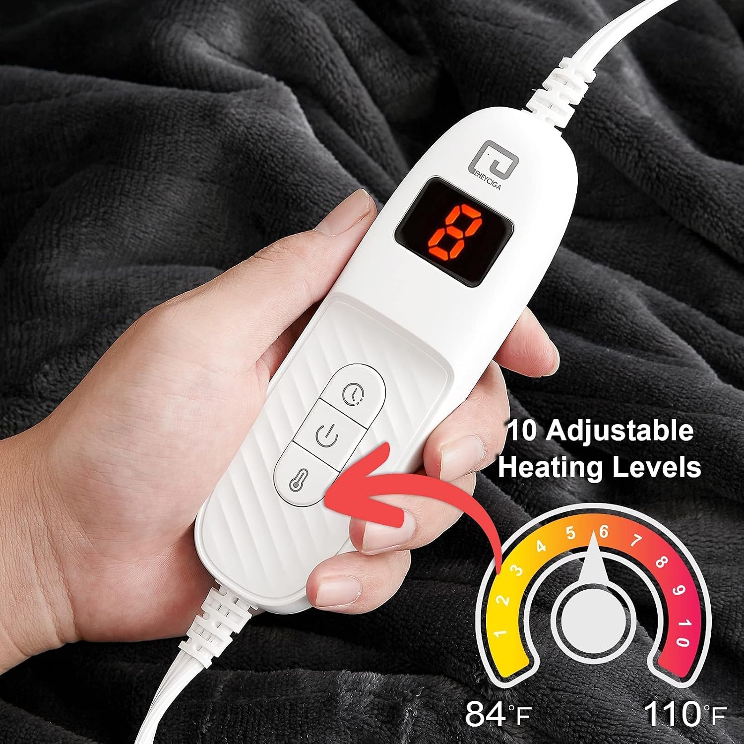 EHEYCIGA Heated Blanket Electric Throw with 10 Heating Levels & 4 Hours Auto Off, Super Cozy Fluffy and Machine Washable Flannel Electric Throw with Fast Heating for Couch(50 x 60 Inches, Dark Grey)