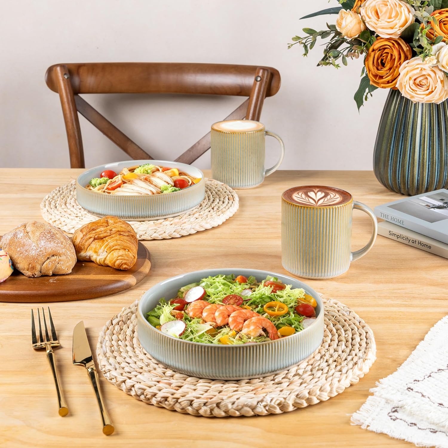 theterra Ceramic Coffee Mugs Set of 6, 14.2oz Handmade Coffee Cups with Handle for Latte, Tea, Milk, Beer, Hot Cocoa, Desert Sage