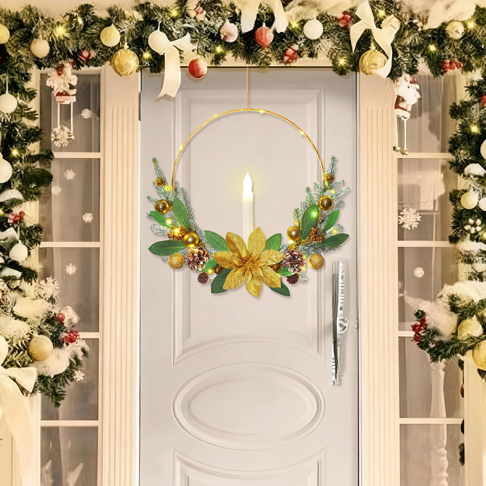 Betylifoy Lot de 2 couronnes de Noël rouges pour porte d'entrée de 40,6 cm avec bougies coniques à DEL pour porte d'entrée, fenêtre, cheminée, décorations de Noël (doré)