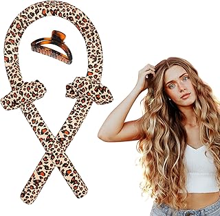 Heatless Curling Rod Headband Leopard No Heat Curler Silk Ribbon Wrap Hair Rollers Kit with Scrunchies Claw Clips for Women Girls Ladies Long Hair Overnight Sleep In Wave Former DIY Hair Styling Tools