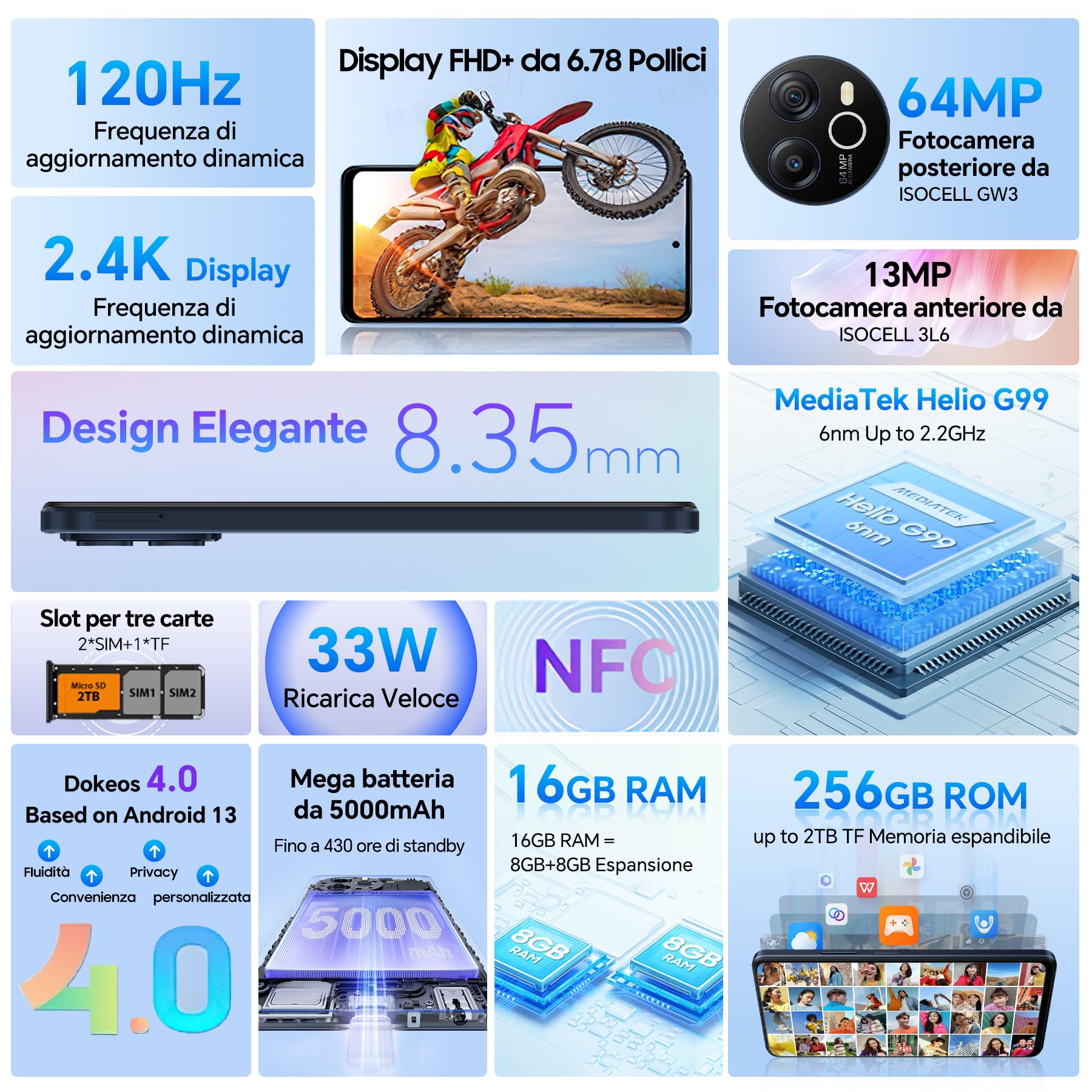 Blackview Shark8 Smartphone, 16GB RAM+256GB ROM/2TB-TF, MediaTek Helio G99, 6.78'' FHD+/120Hz, 64MP+13MP, 5000mAh/33W, 4G Dual SIM Telefono, NFC/Face ID/Fingerprint/OTG/3 Slot/3.5mm Jack