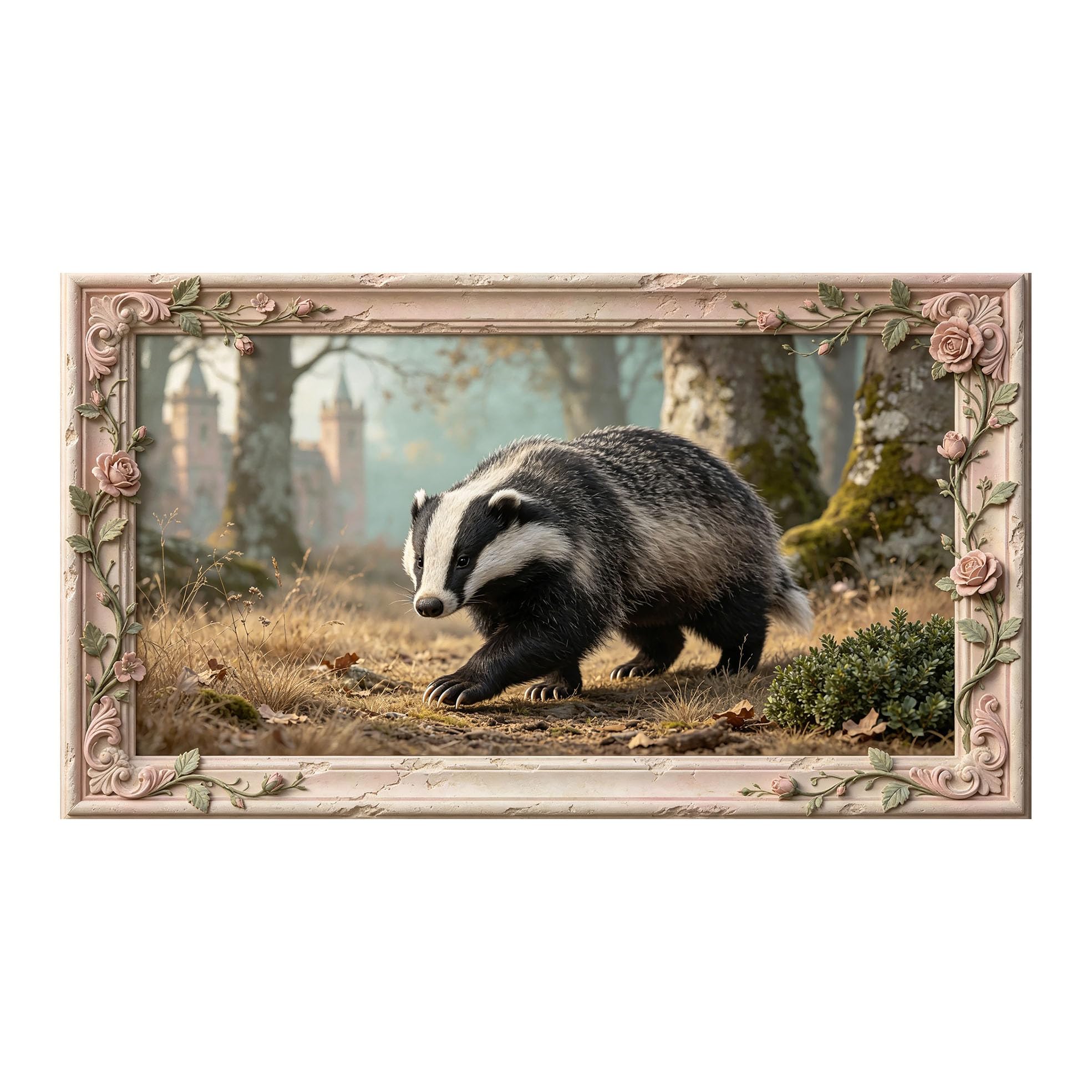Murasolite 3D 3D Framed Wall Art 50cm×90cm Woodland Badger Landscape Oil Painting SelfAdhesive Fabric Mural Wall Decor, Peel and Stick No Damage to Wall for Bedroom Living Room