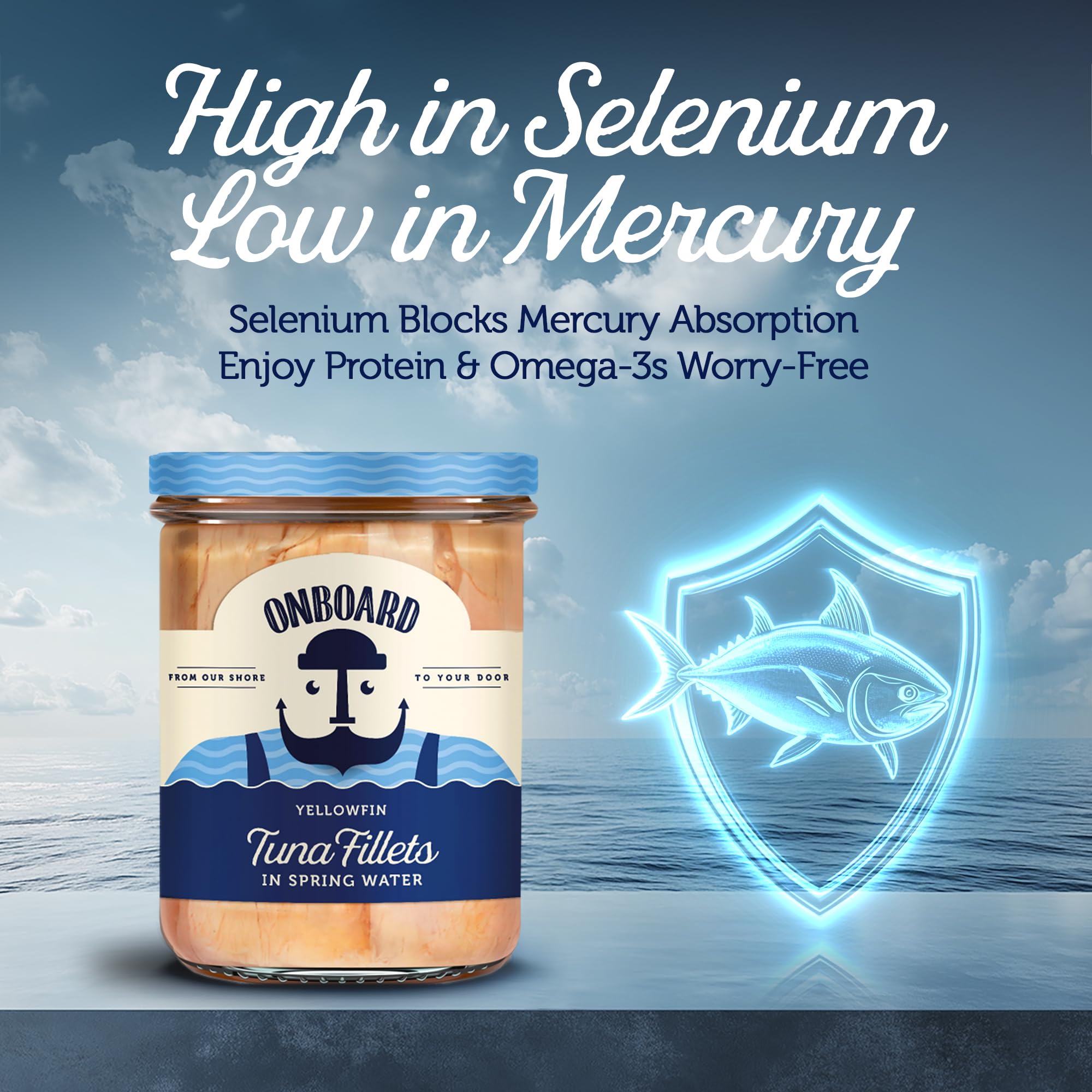 ONBOARD Yellowfin Tuna Fillets, Mediterranean Seafood Diet | Pescatarian Jarred Atun, Fresh Sea Tuna Salad | High in Protein - Healthy Ready-to-Eat Snacks, Packed in Glass Jar | (6 Packs, Spring Water)