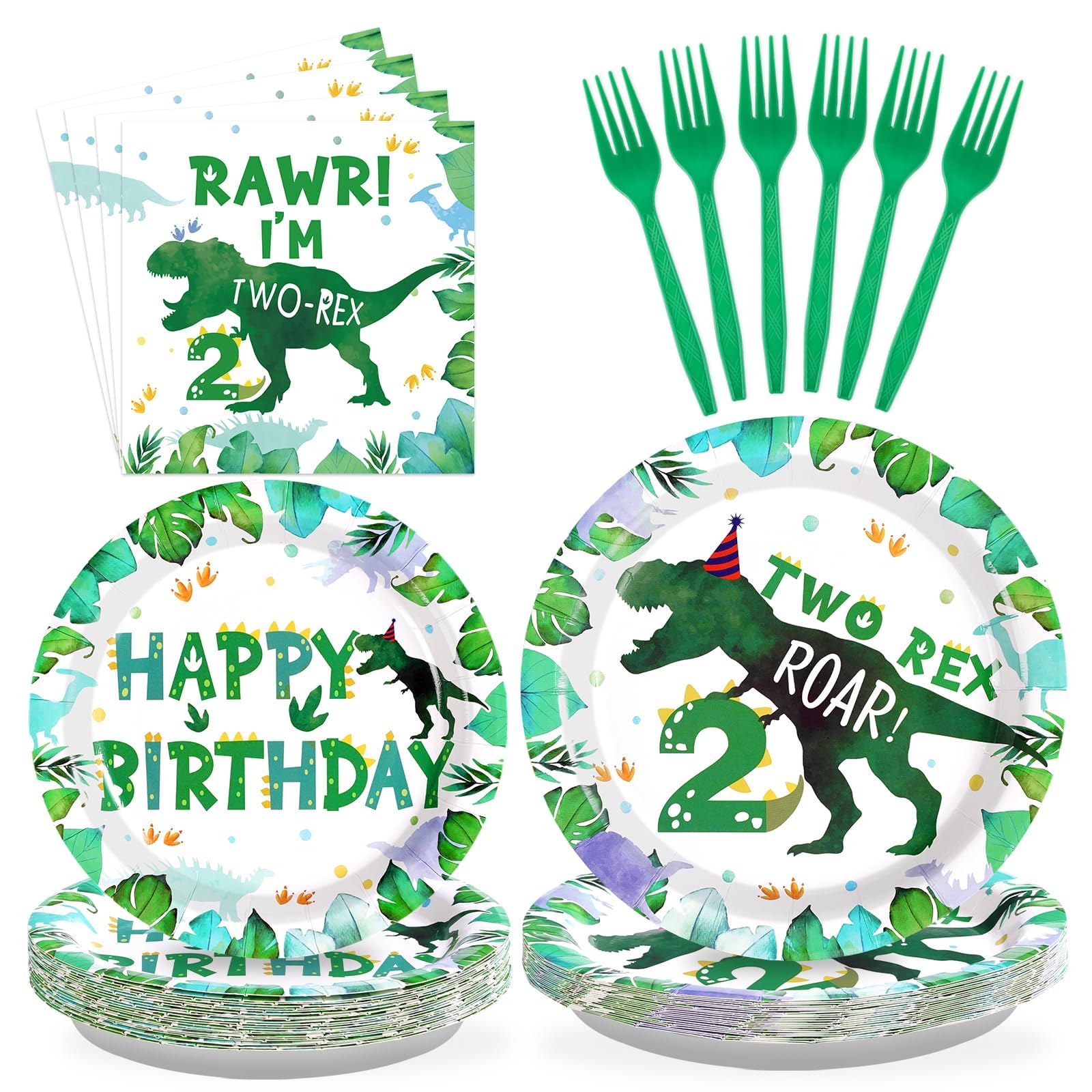 Grencian 96PCS Dinosaur 2nd Happy Birthday Party Supplies, Serves 24
