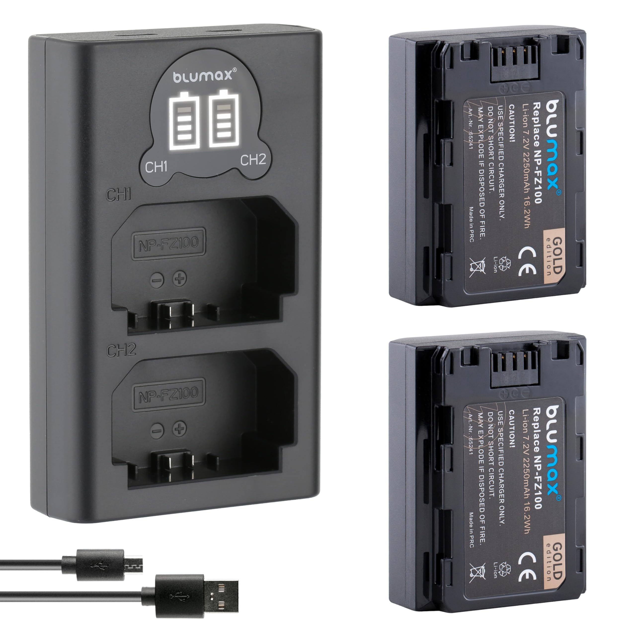 Blumax Lot De 2 Batteries NP-FZ100 Compatibles Sony - 2250 MAh - Charge USB-C Directe - Pour Alpha 9, 7 III, A1, 6600, FX30, ZV-E1...