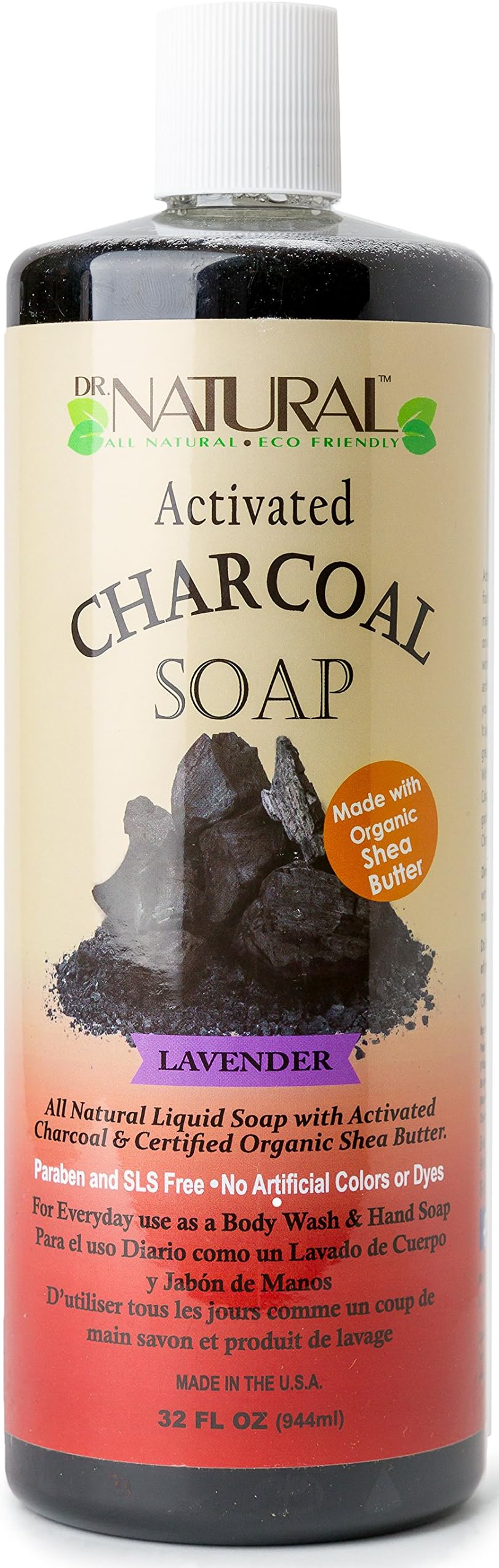 Dr. Natural Activated Charcoal Liquid Soap - Lavender - 32 oz Soap