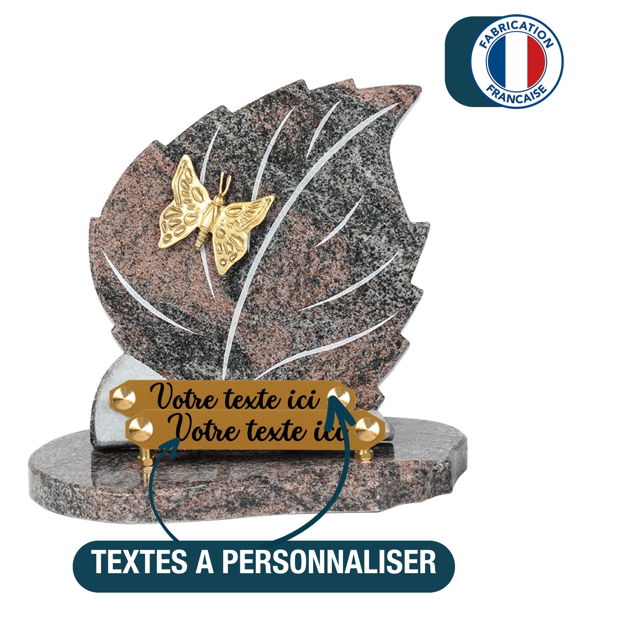 Plaque funéraire personnalisée Feuille - Granit - assemblée en France - Gravure Feuille Bronze Papillon - L 18 X H 25 cm - 2 textes