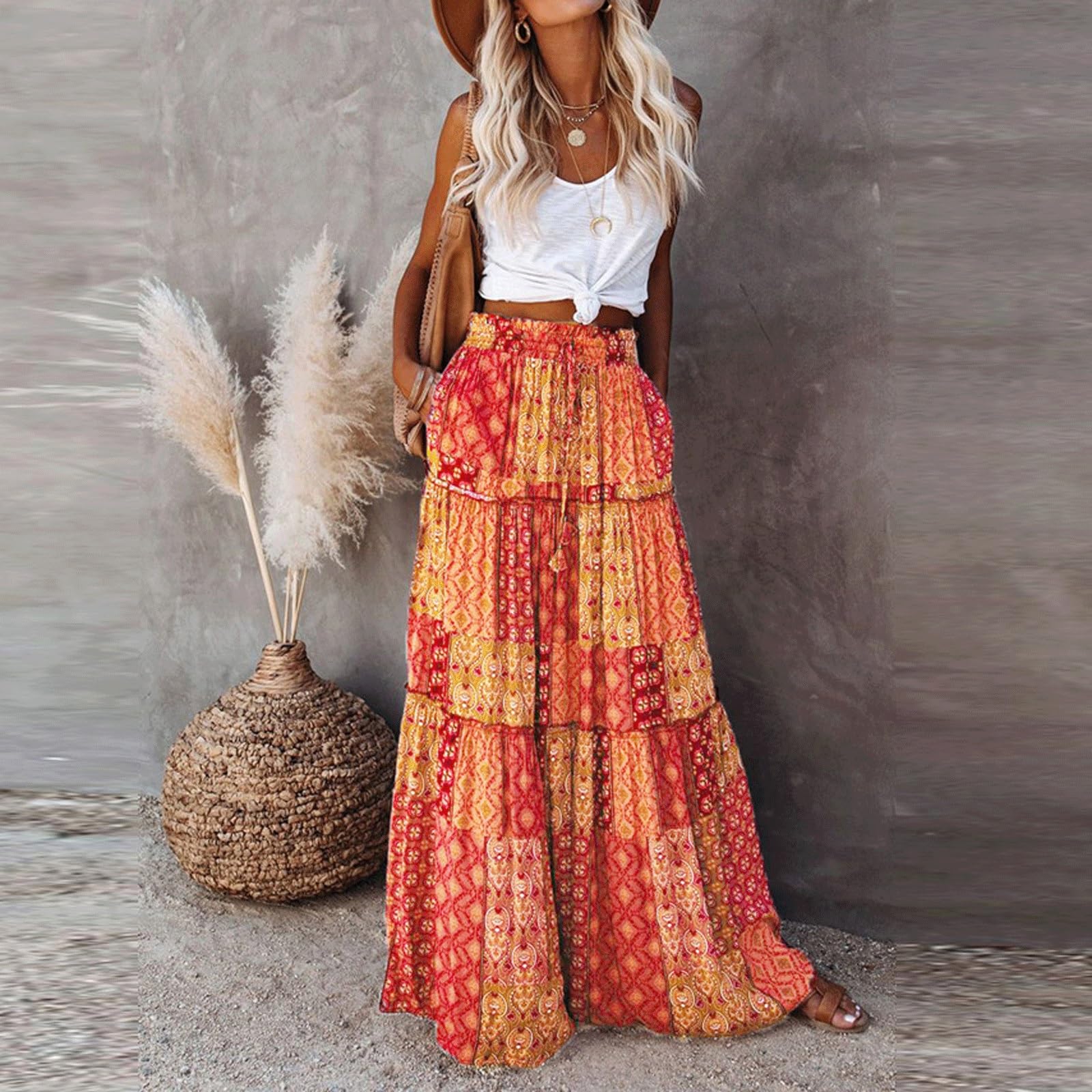 DUddTTW Casual Women's Midi Skirt Printed Ankle Length Skirts High Waisted Swing Skirt Midi Length Flowy Skirt Loose Maxi Skirts Stylish(Gelb,Lagre)