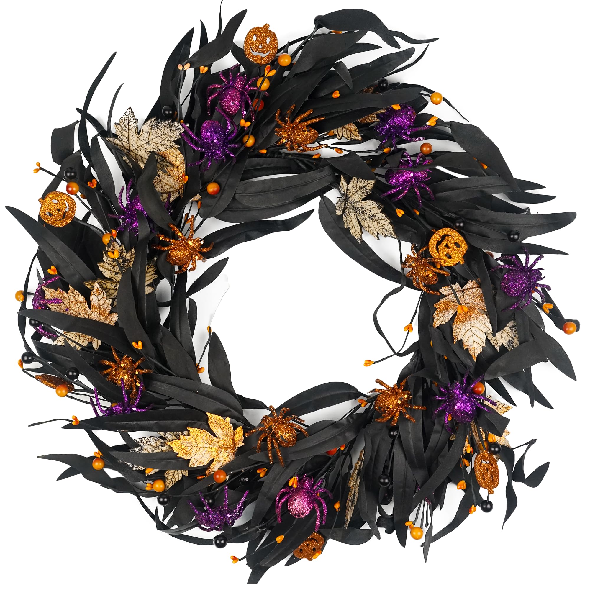 20 Inch Halloween Wreath with Olive, Maple Leaf, Pumpkin & Spider -
