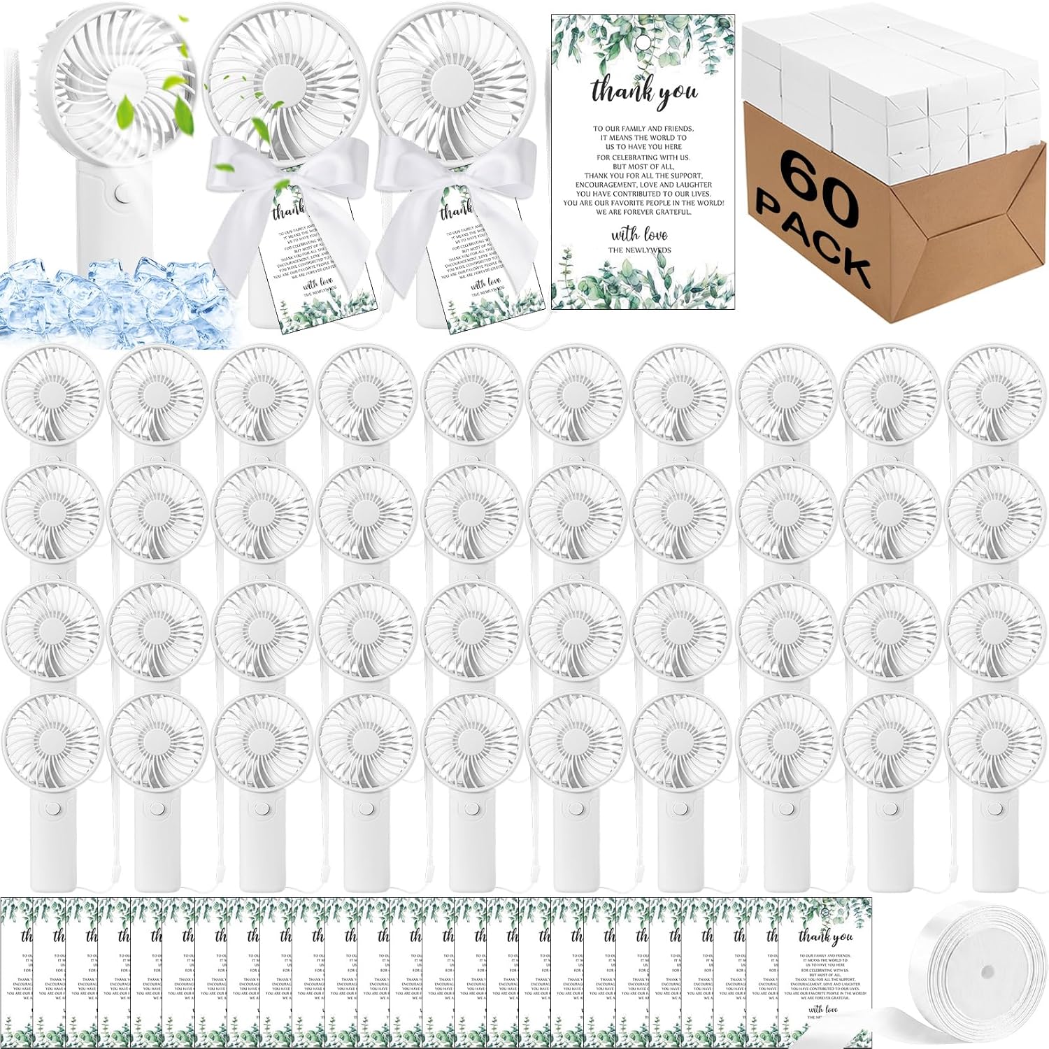 Woanger 60 Set Summer Wedding Guest Favor Set Portable Handheld Mini Fan Bulk Personal Hand Eyelash Small Fan Wedding Gifts for Guests Hostess Couple Thank You Engagement Shower Makeup Travel Camping