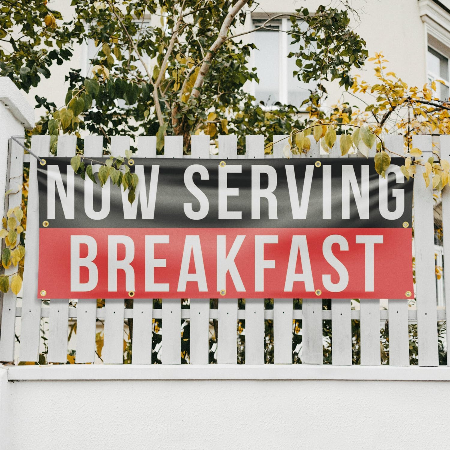 Now Serving Breakfast Banner Sign 48 Inch x 96 Inch | 13 oz Vinyl with Metal Grommets | Heavy-Duty Single-Sided Outdoor Durable Printed High-Quality Weatherproof | Made in the USA