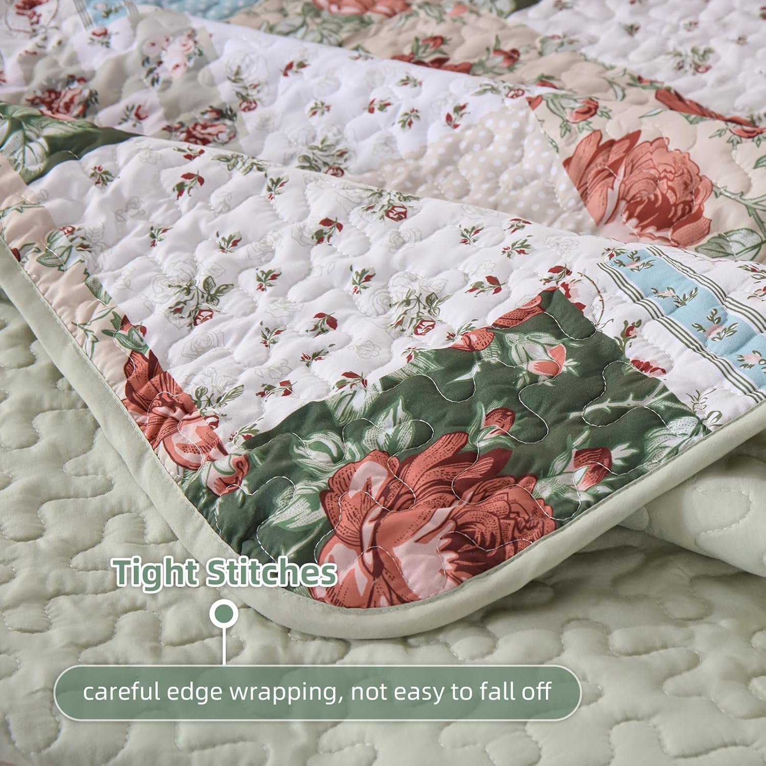 Anibedding Green Patchwork Quilt Set King Size, Bohemian Red Flower Green Plaid Bedspread Coverlet Set with Pillowcases, Soft Microfiber Summer Quilt Floral Bed Cover for All Season (110''x90'') - Image 5
